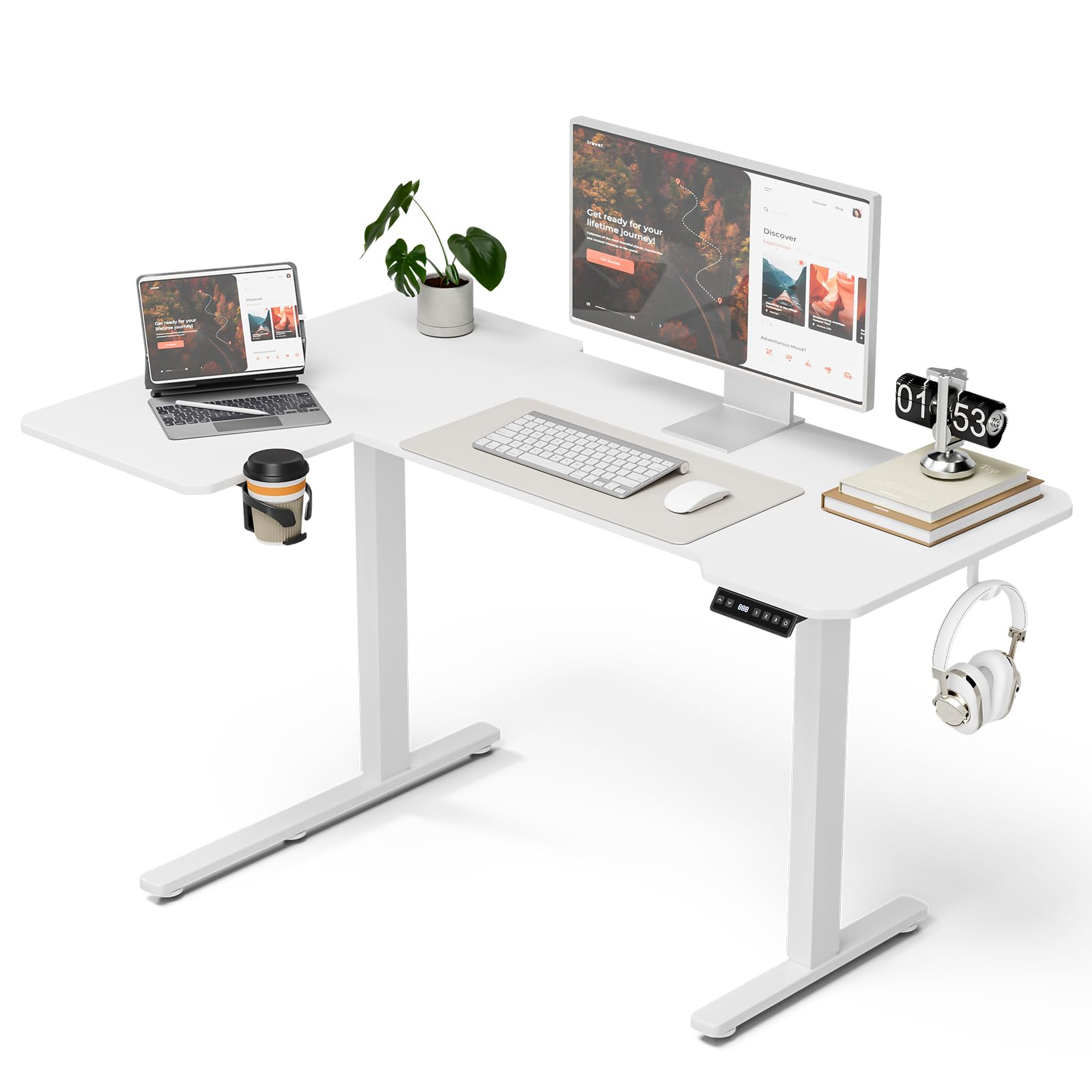 Eckschreibtisch Höhenverstellbarer Schreibtisch L Form,150 X 100 cm Elektrischer Höhenverstellbar Ergonomischer Schreibtisch L mit Getränkehaltern und Haken Stabiles Bürotisch, Braun