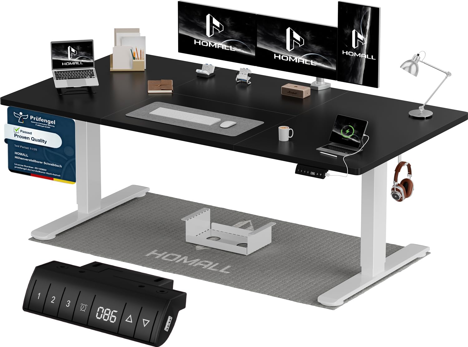 Homall Höhenverstellbarer Schreibtisch 140x70cm mit USB-A Ladeanschluss, Elektrischer Schreibtisch mit Kabel Management Tray, Standing Desk mit 3 Memory Funktion, Computertisch Weiß