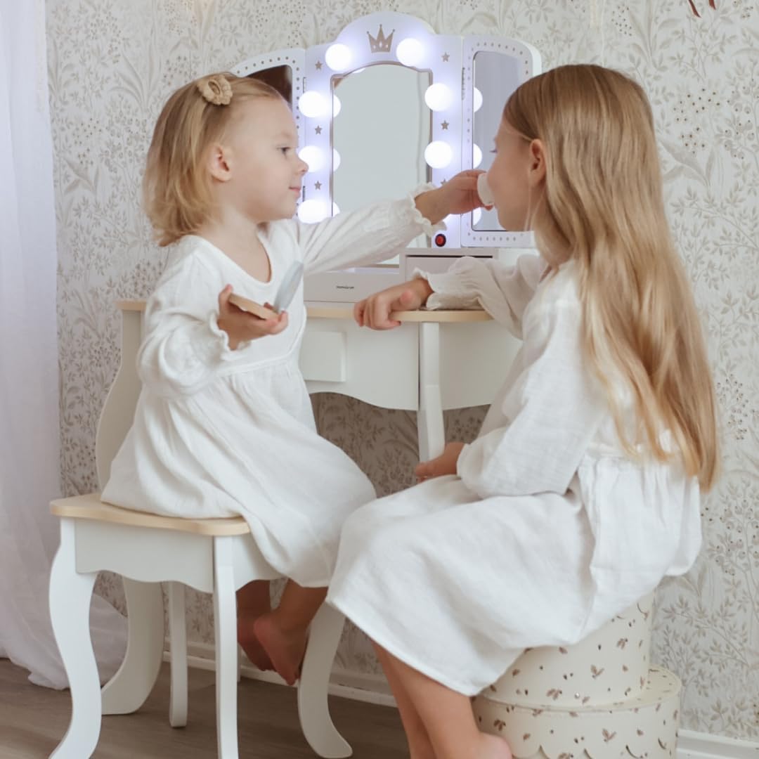 mamabrum XXL Kinder Schminktisch aus Holz mit Hocker & LED-Spiegel – Frisiertisch ab 3 Jahren mit Schublade & Beauty Zubehör – Kreatives Spielset & Schreibtisch für Mädchen