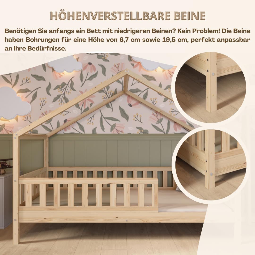 Hausbett Kinderbett Montessori mit Schubladen, Naturholz Kinderzimmer Bett Crazy House