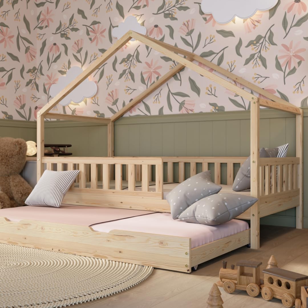 Hausbett Kinderbett Montessori mit Schubladen, Naturholz Kinderzimmer Bett Crazy House