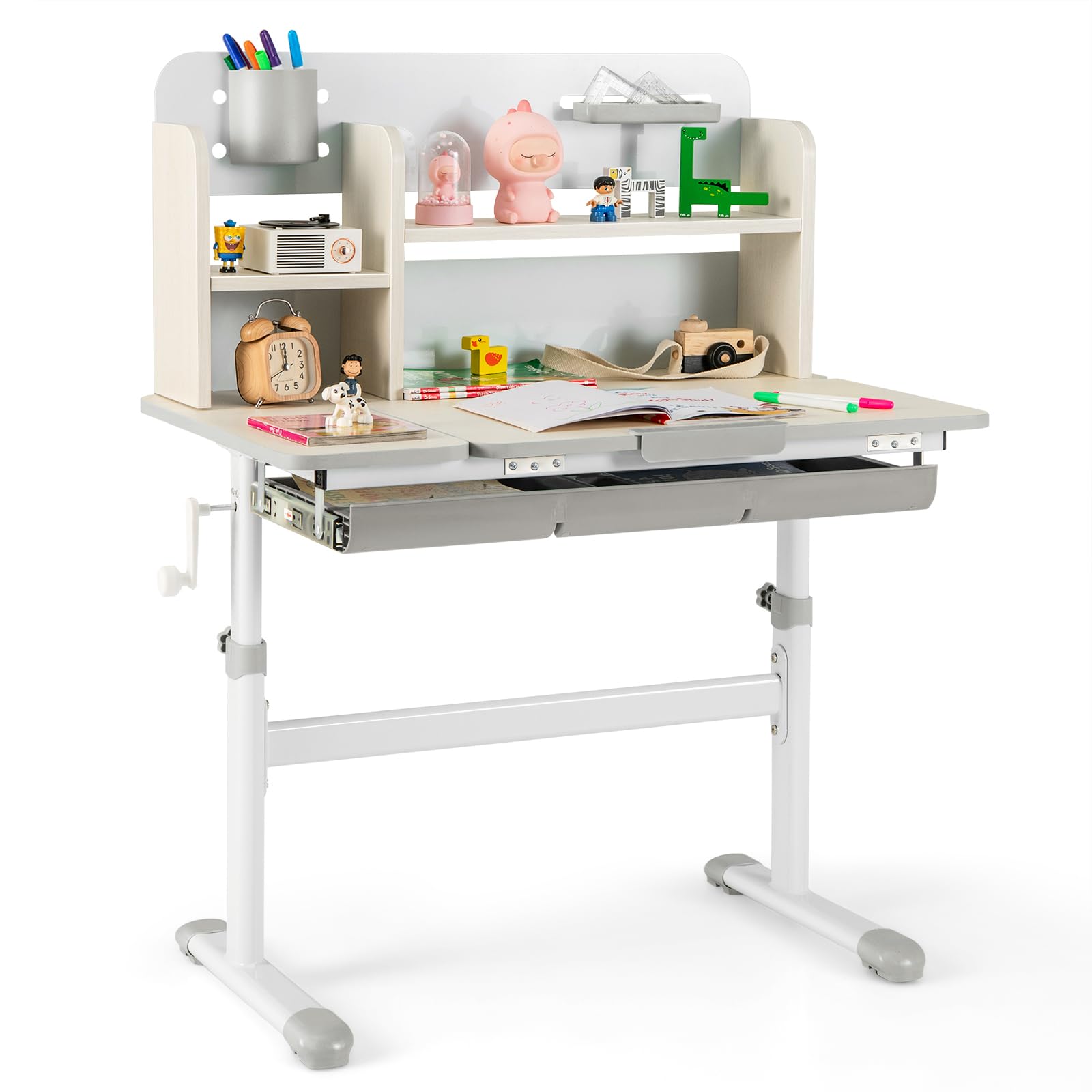 COSTWAY Kinderschreibtisch höhenverstellbar, Schreibtisch Kinder mit neigbarer Tischplatte, Regalen & Schublade, Jugendschreibtisch Schülerschreibtisch für 3-12 Jahre Kinder (Rosa)