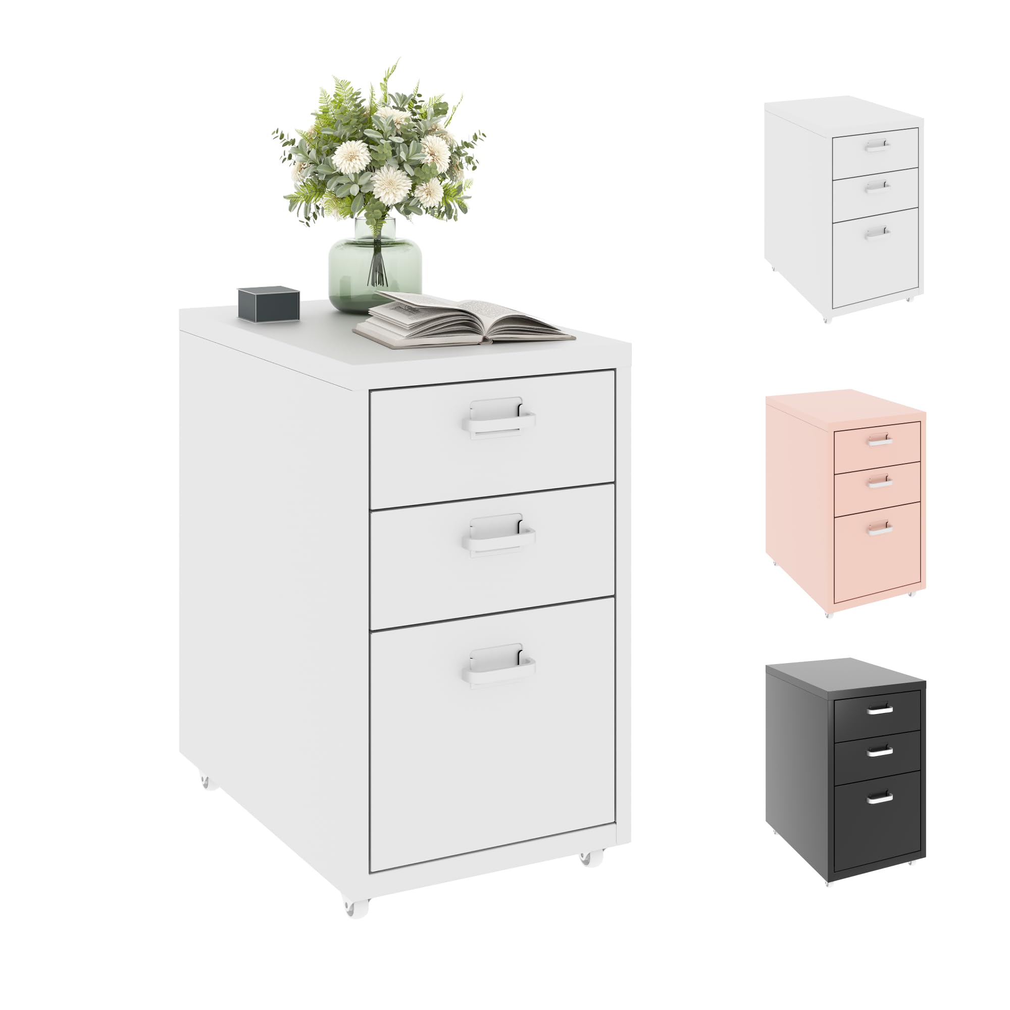 FLEXISPOT Rollcontainer Büroschrank mit 3 Schubladen, Aktenschrank Metallschrank Kommode mit Rädern, Schreibtisch Unterschrank für Zuhause und Büro (Rosa)