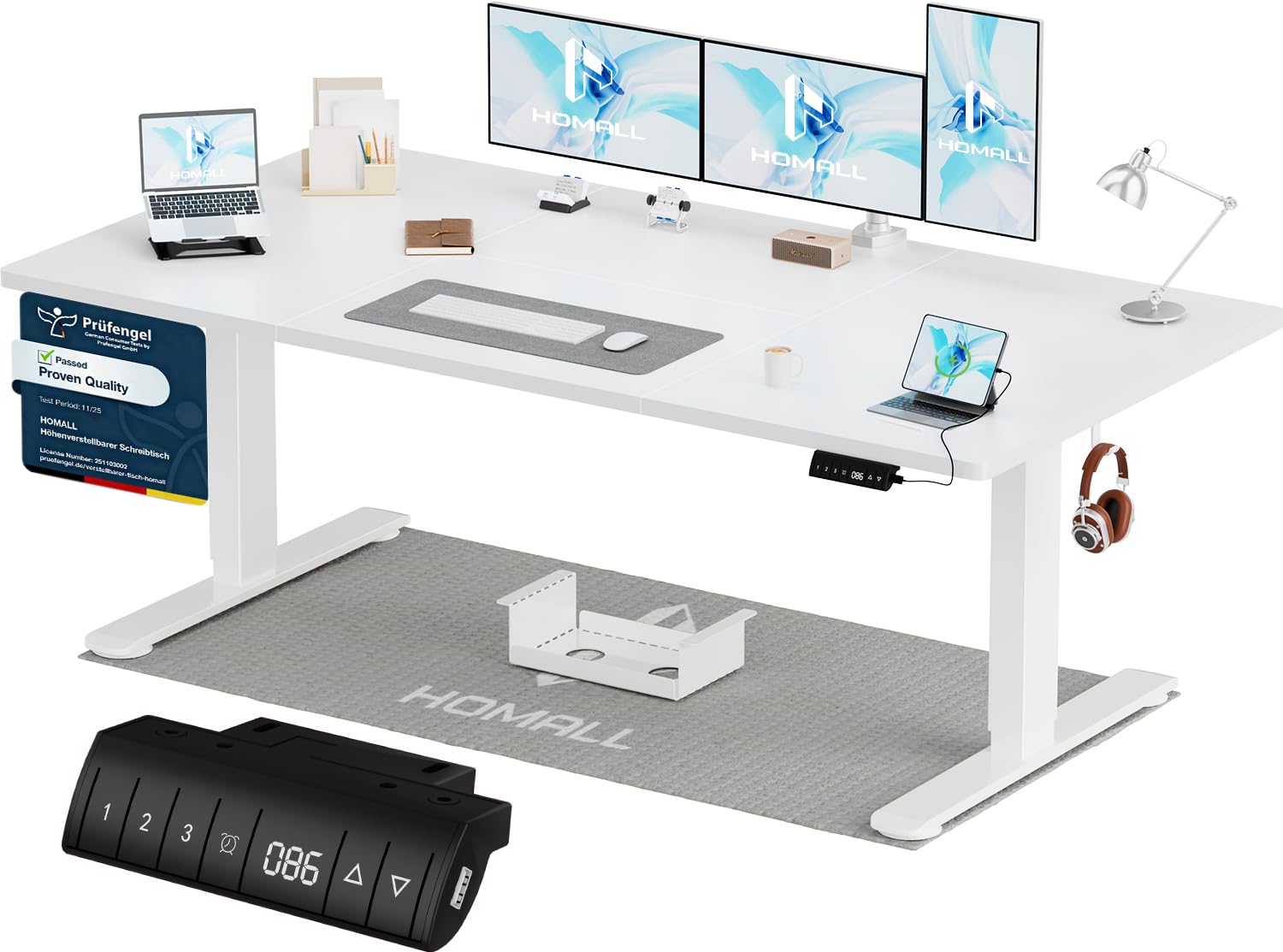 Homall Höhenverstellbarer Schreibtisch 140x70cm mit USB-A Ladeanschluss, Elektrischer Schreibtisch mit Kabel Management Tray, Standing Desk mit 3 Memory Funktion, Computertisch Weiß