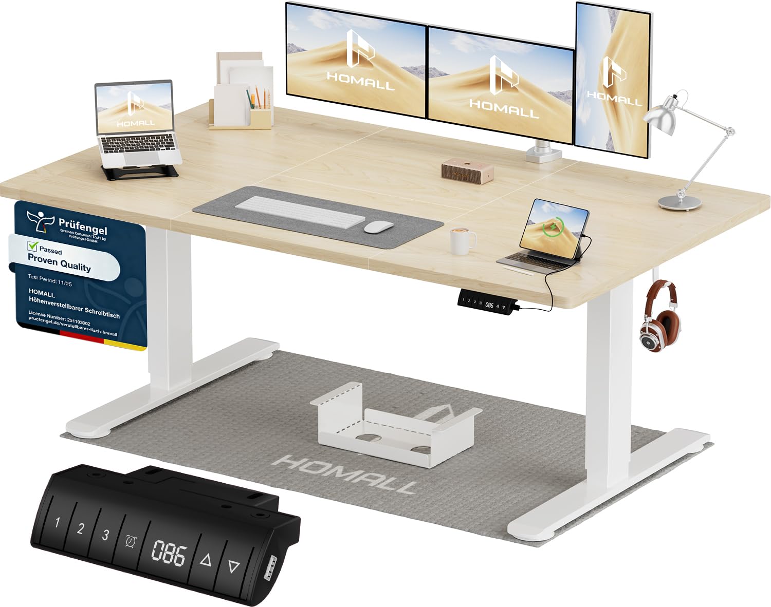 Homall Höhenverstellbarer Schreibtisch 140x70cm mit USB-A Ladeanschluss, Elektrischer Schreibtisch mit Kabel Management Tray, Standing Desk mit 3 Memory Funktion, Computertisch Weiß