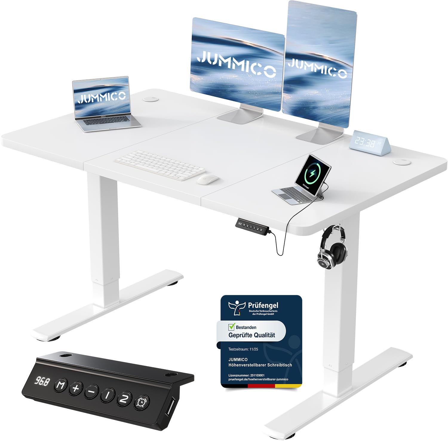 JUMMICO Höhenverstellbarer Schreibtisch mit USB-Ladeanschluss 200 x 80 cm, Schreibtisch Höhenverstellbar Elektrisch, Steh-Sitz Tisch Stehpult Verstellbarer Computertisch,Standing Desk,Weiß