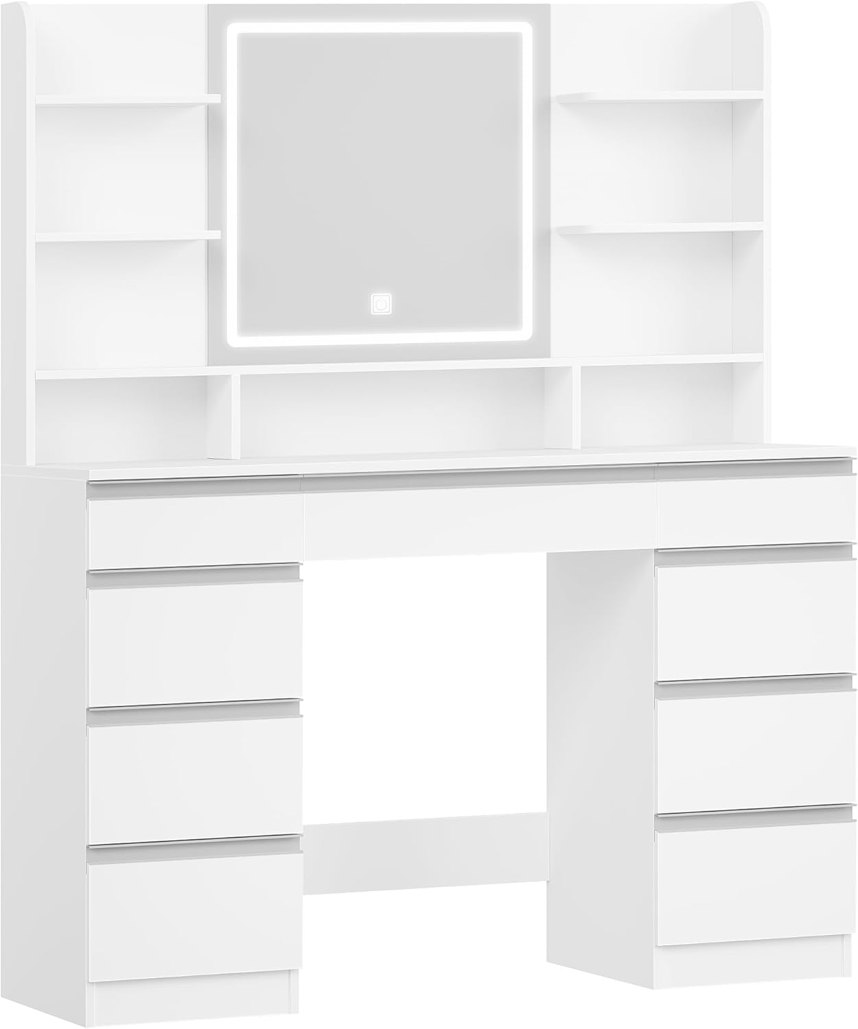 Hzuaneri Schminktisch mit LED Spiegel, 9 Schubladen, Weiß-Silber