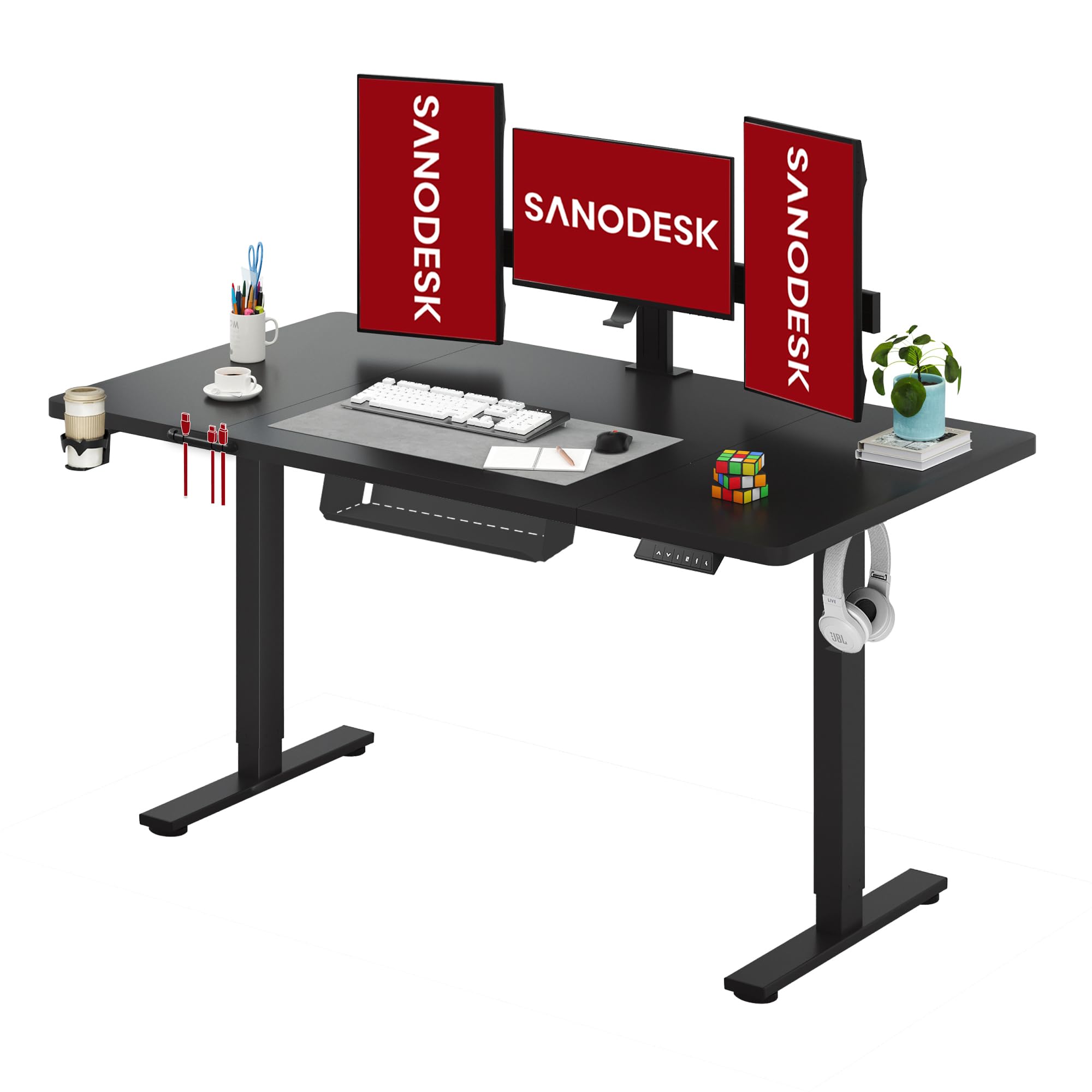 SANODESK Höhenverstellbarer Schreibtisch 200×80 cm – XXL Standing Desk mit 70 kg Tragkraft, Anti-Kollisions-Schutz & vielseitigem Zubehör, ideal für Teamarbeit oder Studio(Weiß)