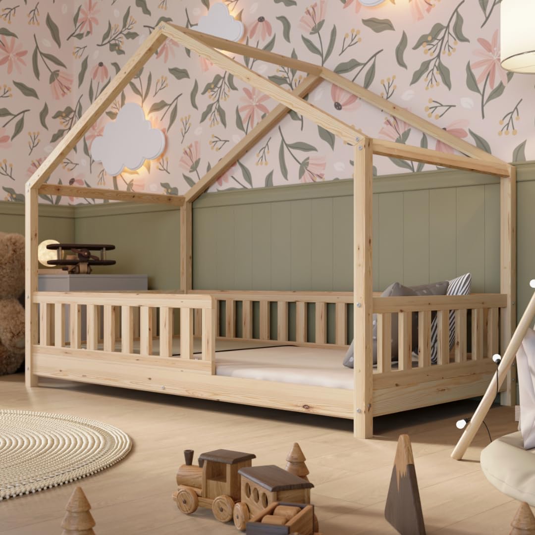 Hausbett Kinderbett Montessori mit Schubladen, Naturholz Kinderzimmer Bett Crazy House