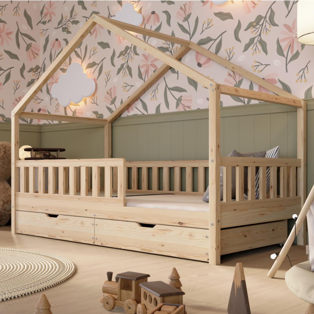 Hausbett Kinderbett Montessori mit Schubladen, Naturholz Kinderzimmer Bett Crazy House