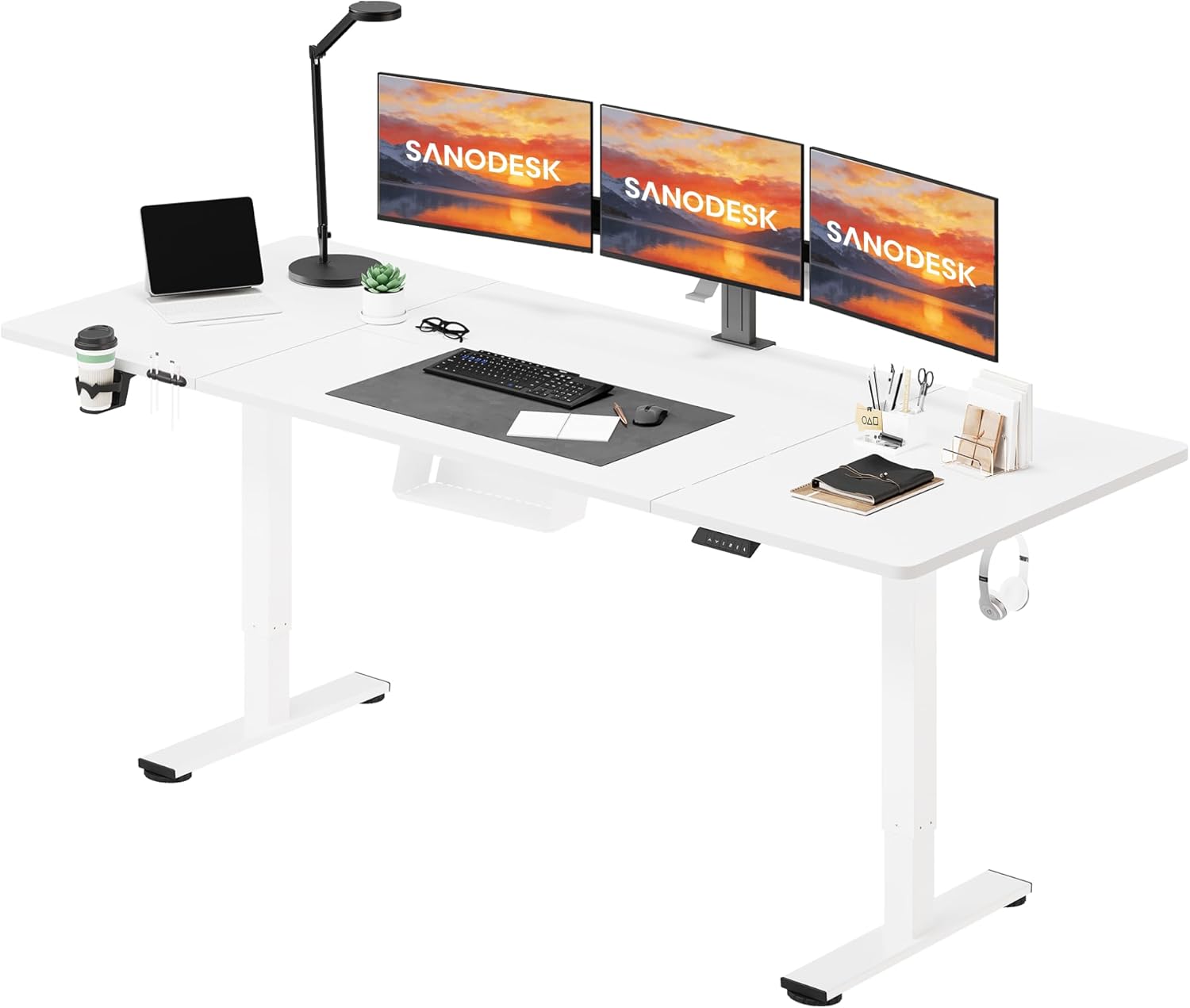 SANODESK Höhenverstellbarer Schreibtisch 200×80 cm – XXL Standing Desk mit 70 kg Tragkraft, Anti-Kollisions-Schutz & vielseitigem Zubehör, ideal für Teamarbeit oder Studio(Weiß)
