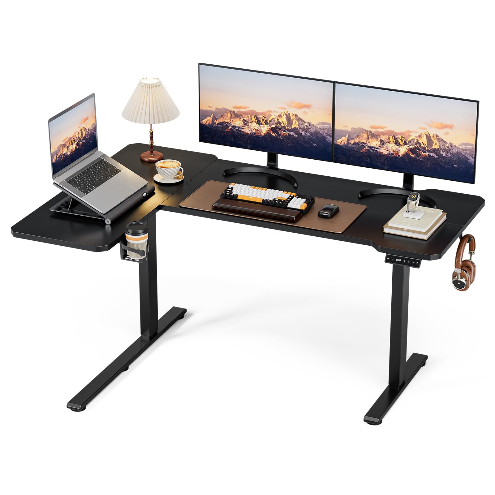Eckschreibtisch Höhenverstellbarer Schreibtisch L Form,150 X 100 cm Elektrischer Höhenverstellbar Ergonomischer Schreibtisch L mit Getränkehaltern und Haken Stabiles Bürotisch, Braun