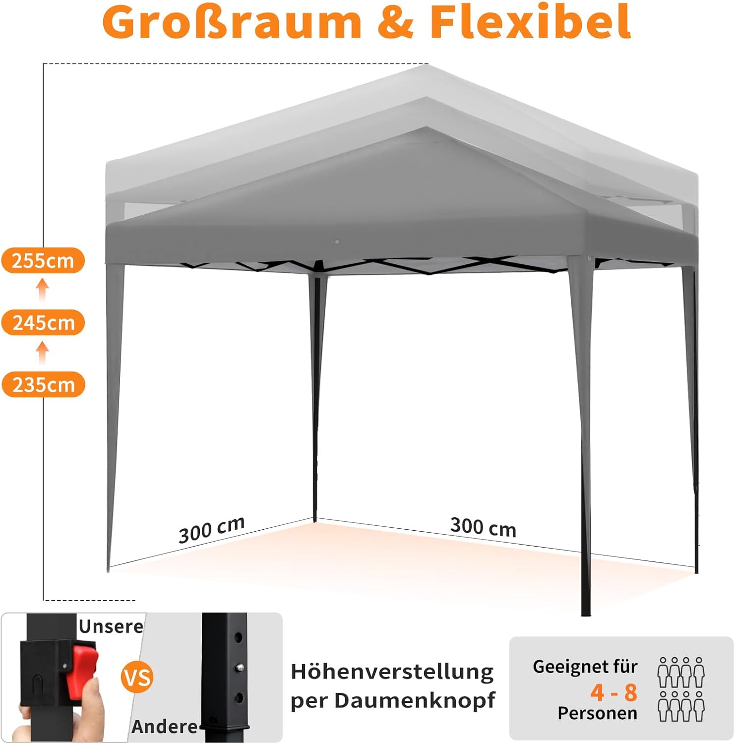 ISE Pavillon 3x3 m Faltpavillon mit Seitenwänden Grau aus Stahl UV50+