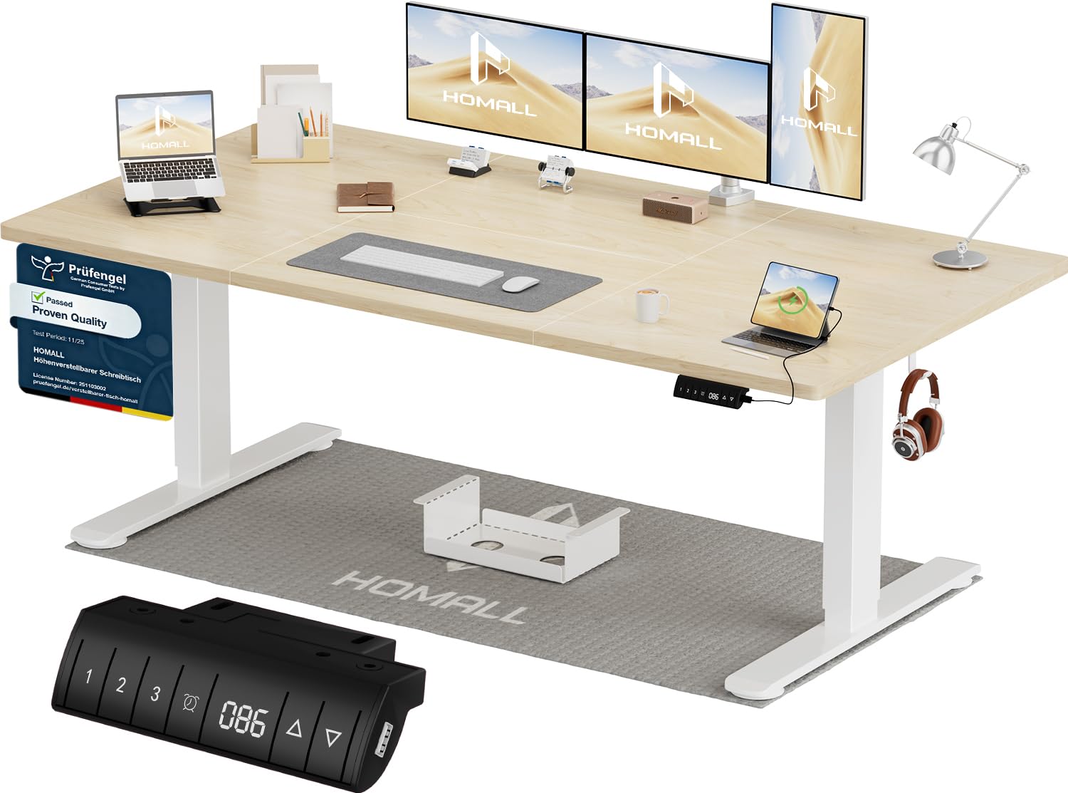 Homall Höhenverstellbarer Schreibtisch 140x70cm mit USB-A Ladeanschluss, Elektrischer Schreibtisch mit Kabel Management Tray, Standing Desk mit 3 Memory Funktion, Computertisch Weiß