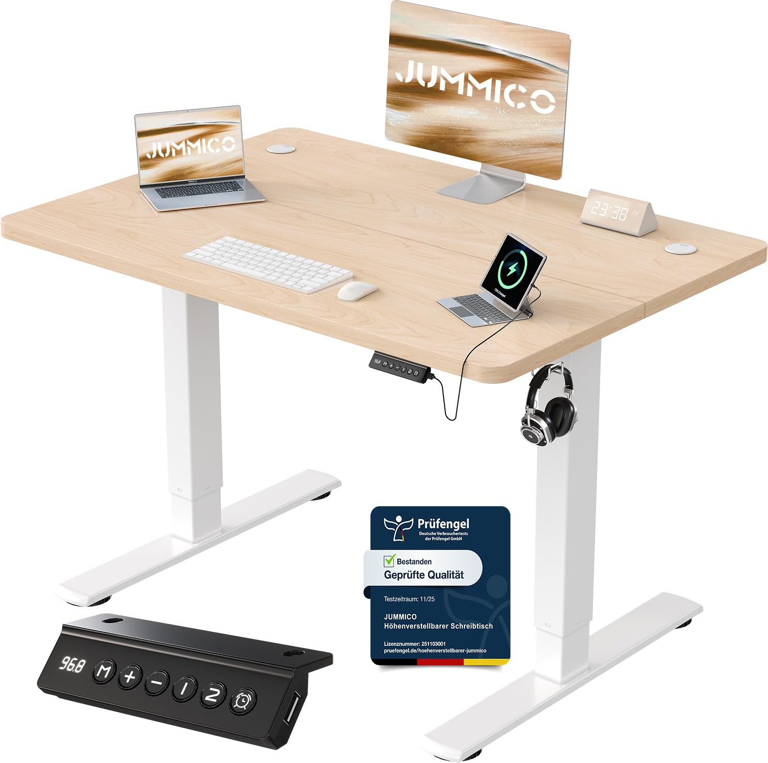 JUMMICO Höhenverstellbarer Schreibtisch mit USB-Ladeanschluss 200 x 80 cm, Schreibtisch Höhenverstellbar Elektrisch, Steh-Sitz Tisch Stehpult Verstellbarer Computertisch,Standing Desk,Weiß