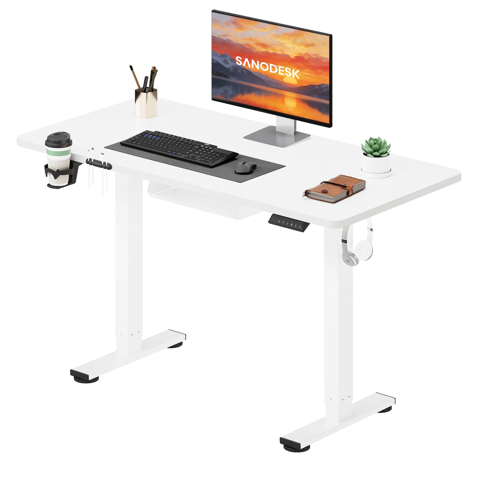 SANODESK Höhenverstellbarer Schreibtisch 200×80 cm – XXL Standing Desk mit 70 kg Tragkraft, Anti-Kollisions-Schutz & vielseitigem Zubehör, ideal für Teamarbeit oder Studio(Weiß)