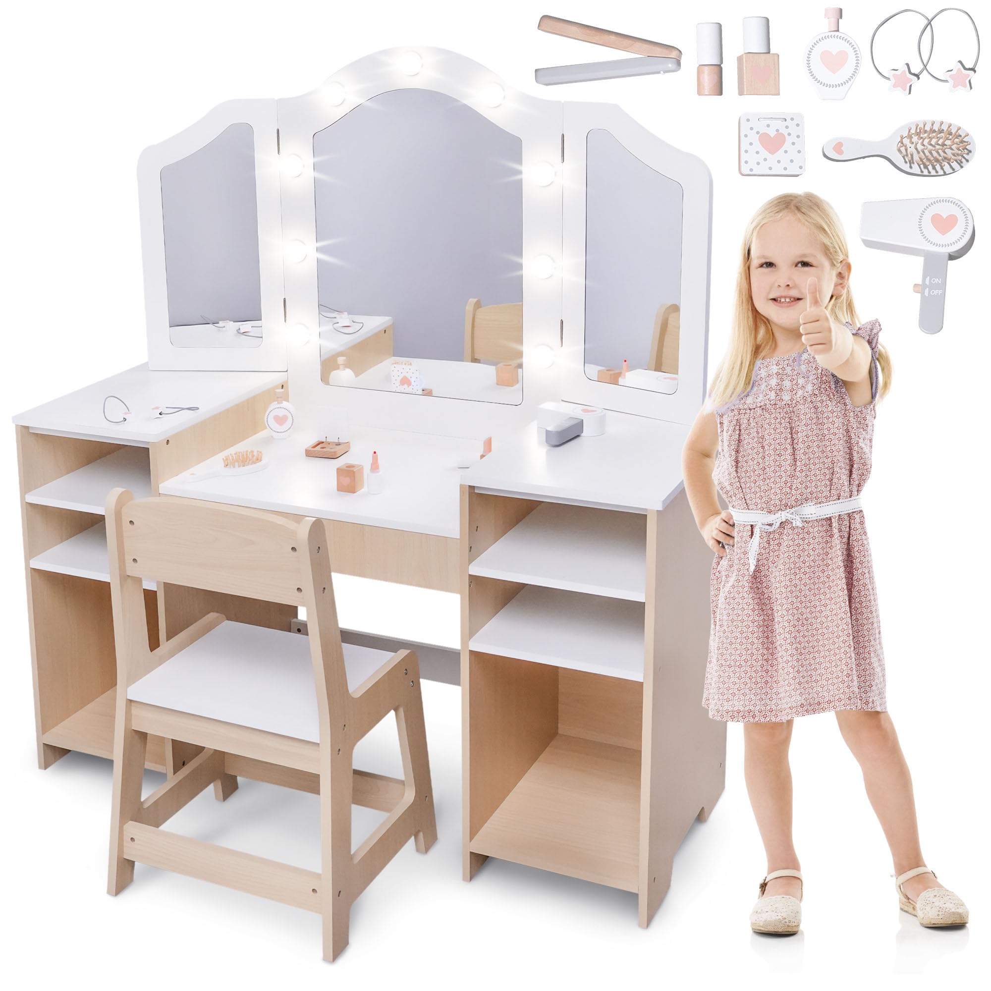 mamabrum XXL Kinder Schminktisch aus Holz mit Hocker & LED-Spiegel – Frisiertisch ab 3 Jahren mit Schublade & Beauty Zubehör – Kreatives Spielset & Schreibtisch für Mädchen