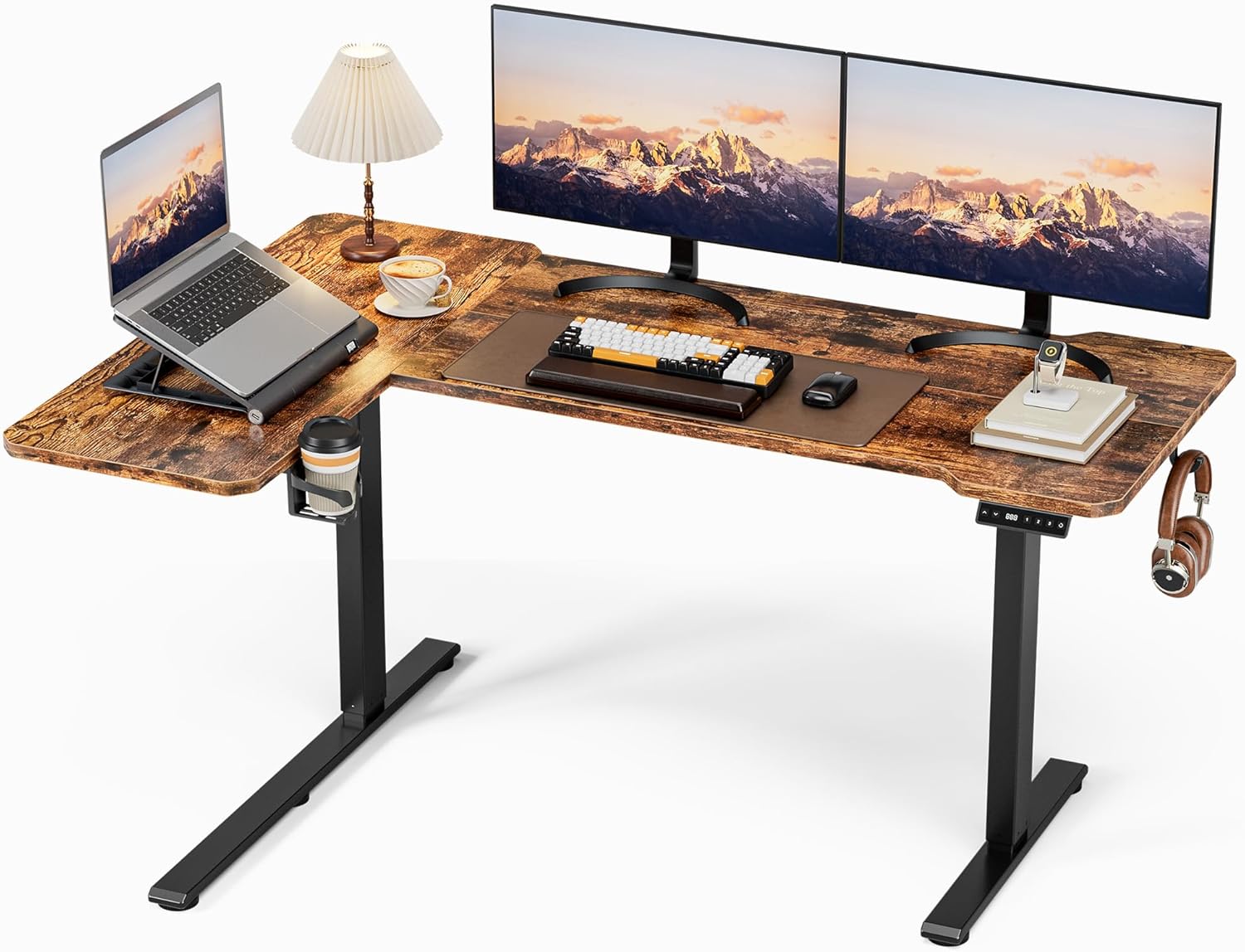 Eckschreibtisch Höhenverstellbarer Schreibtisch L Form,150 X 100 cm Elektrischer Höhenverstellbar Ergonomischer Schreibtisch L mit Getränkehaltern und Haken Stabiles Bürotisch, Braun