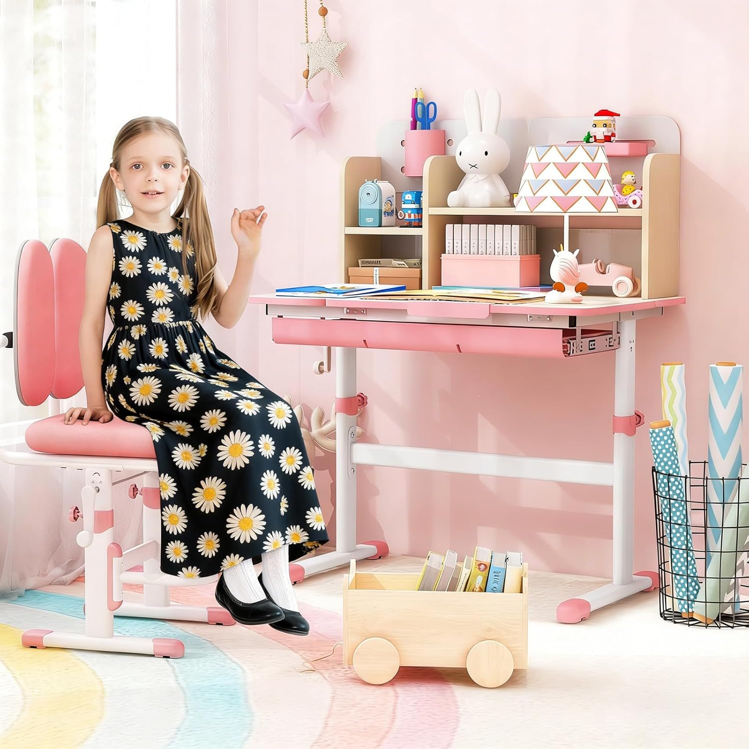 COSTWAY Kinderschreibtisch höhenverstellbar, Schreibtisch Kinder mit neigbarer Tischplatte, Regalen & Schublade, Jugendschreibtisch Schülerschreibtisch für 3-12 Jahre Kinder (Rosa)