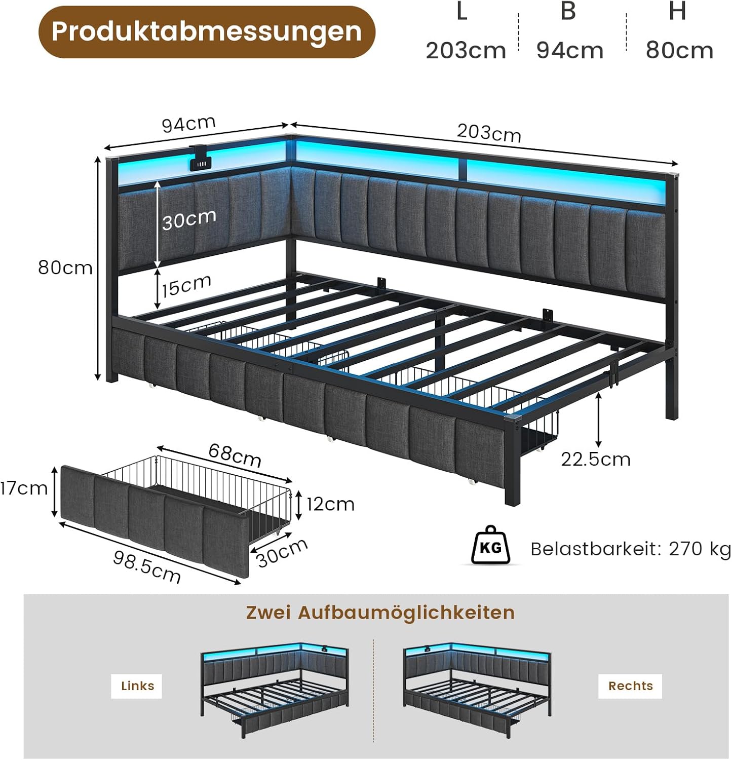 DICTAC Polsterbett Schlafsofa mit LED & USB, Metallrahmen, 2 Schubladen, modern
