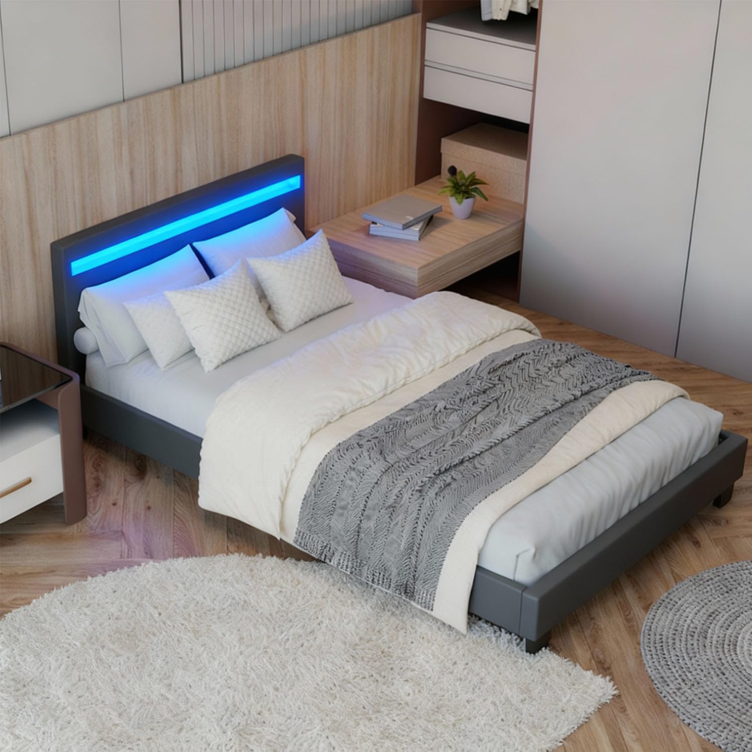 Juskys Polsterbett Paris 90x200 cm mit LED-Beleuchtung, Lattenrost & Kopfteil, Bett mit Gestell aus Holz & Webstoff Bezug, grau