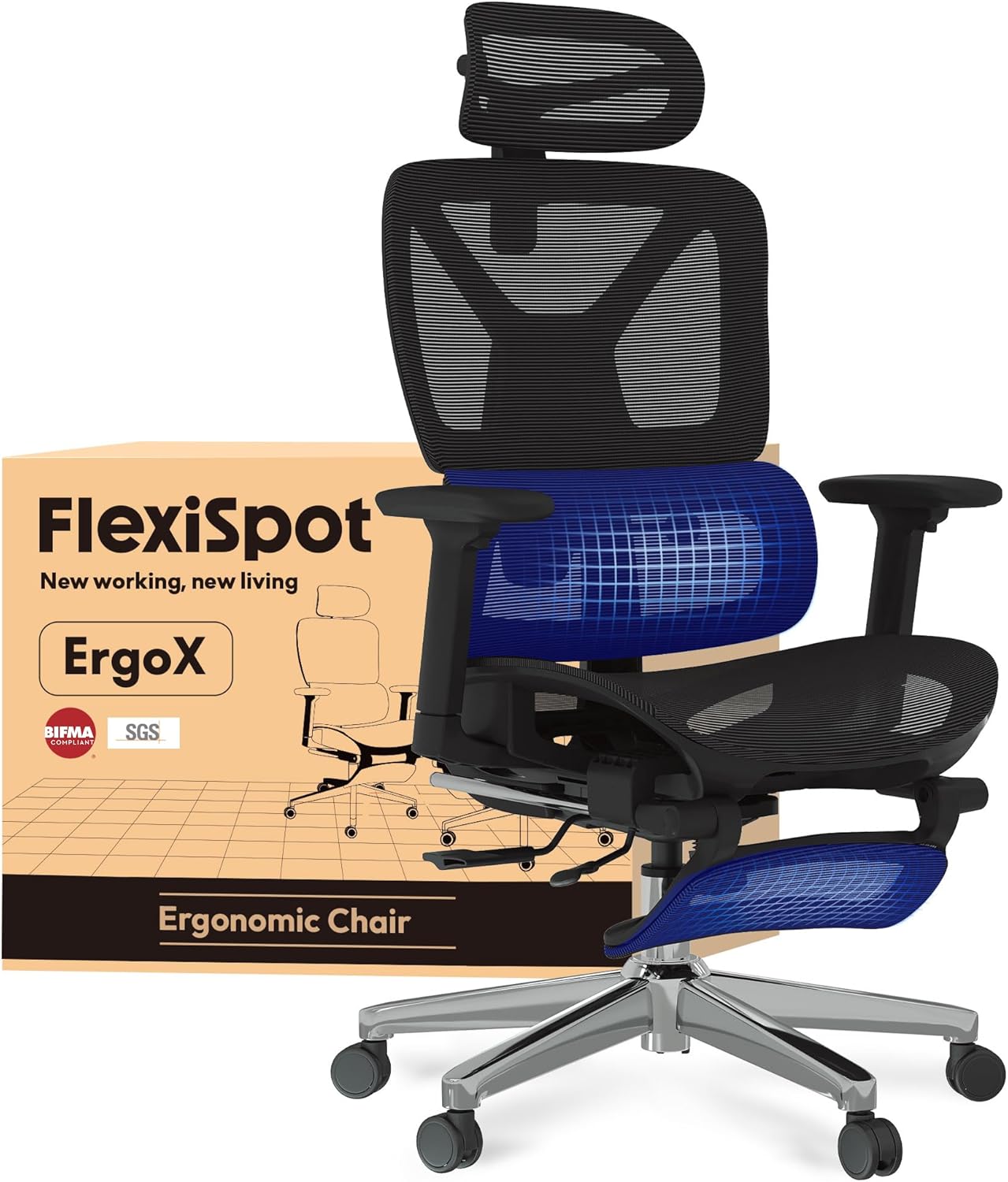 FLEXISPOT Ergonomischer Bürostuhl Schreibtischstuhl mit Fußstütze, 3D-Armlehnen, 3D-Kopfstütze, 5D-Rückenlehne, Atmungsaktiver Sitz Belastbar bis 136 kg Arbeitsstuhl, ErgoX, Schwarz