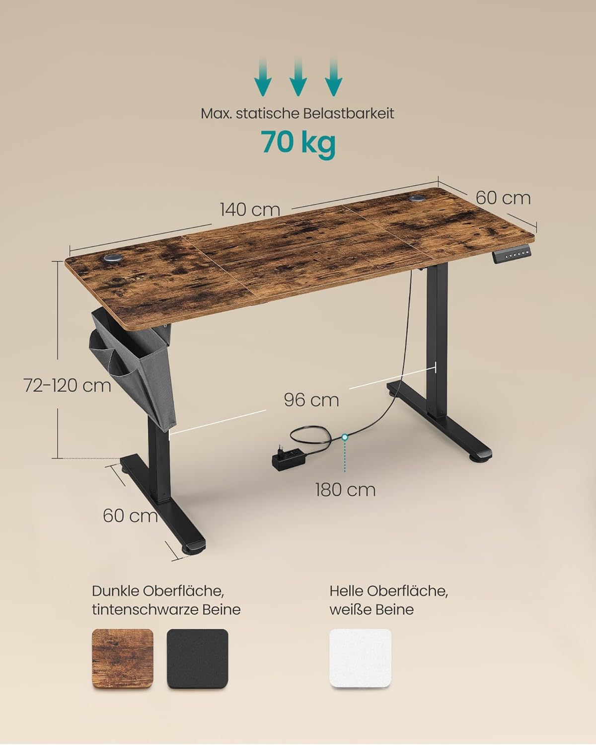 SONGMICS Elektrischer Höhenverstellbarer Schreibtisch – Holz & Stahl, Ergonomisch, Höhenverstellbar
