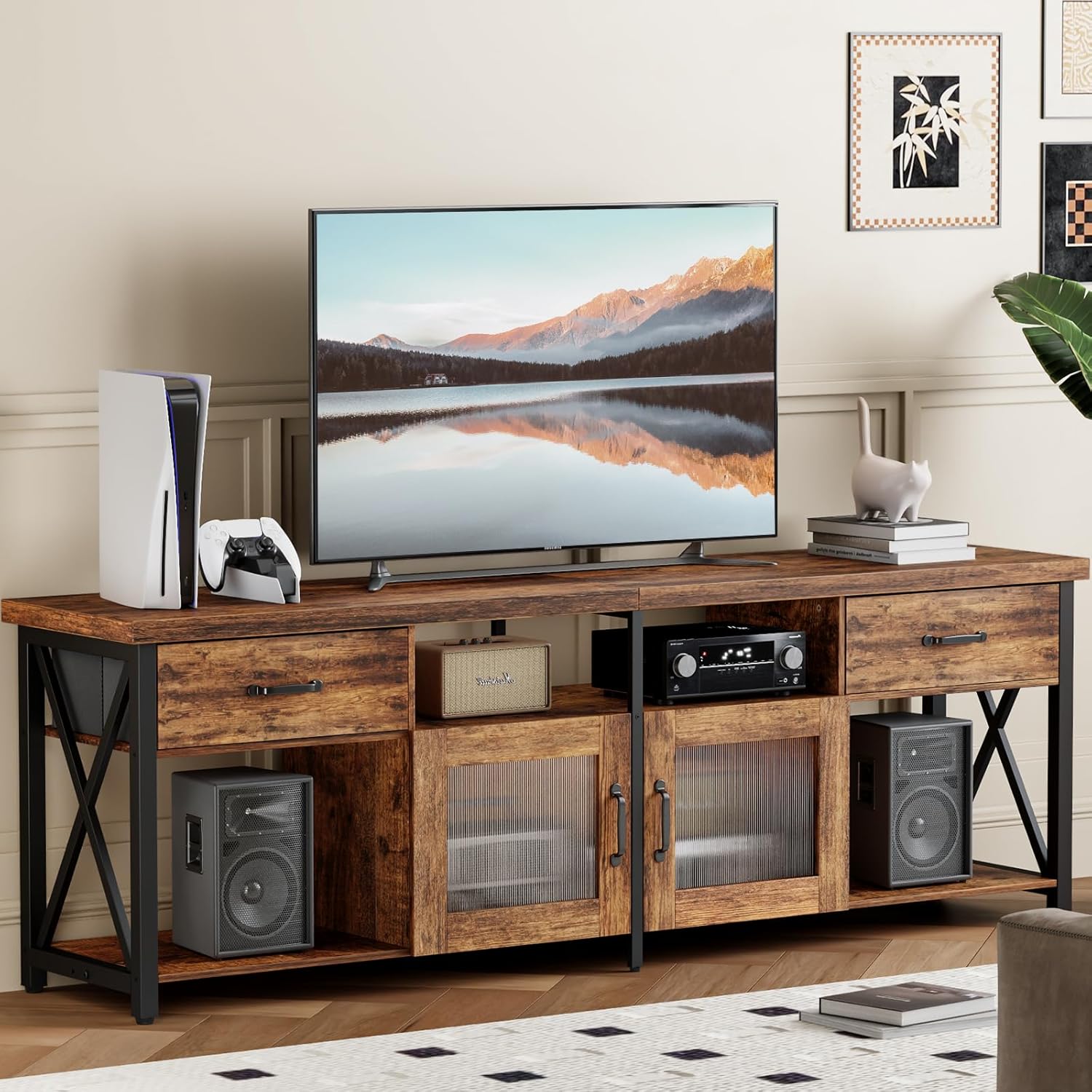 Generisch TV Lowboard Industrial Stil, Braun, 180 cm, Holz & Metall, für 60–70 Zoll Fernseher
