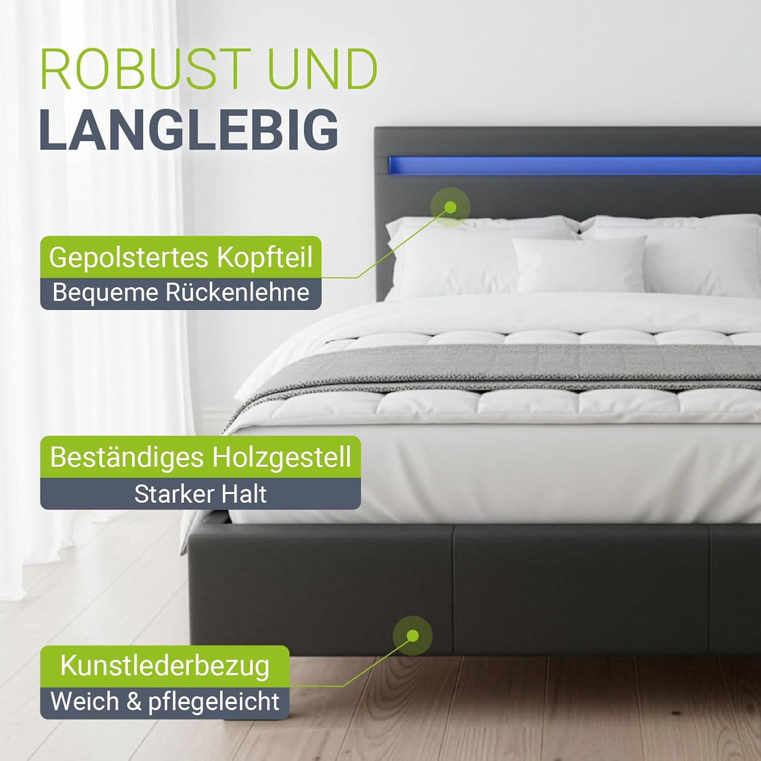 Juskys Polsterbett Paris mit LED-Beleuchtung, Holzgestell & Lattenrost, Modernes Schlafzimmerbett
