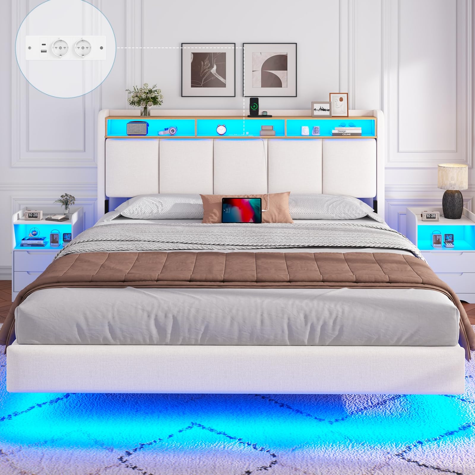 Polsterbett 140x200 cm Schwebebett mit LED-Beleuchtung, Kopfteil und Ladestation(2 AC-Steckdosen, 2 USB-Anschlüsse), Bett 140x200 mit Stauraum, Modern Doppelbett mit lattenrost, Leinen, Grau