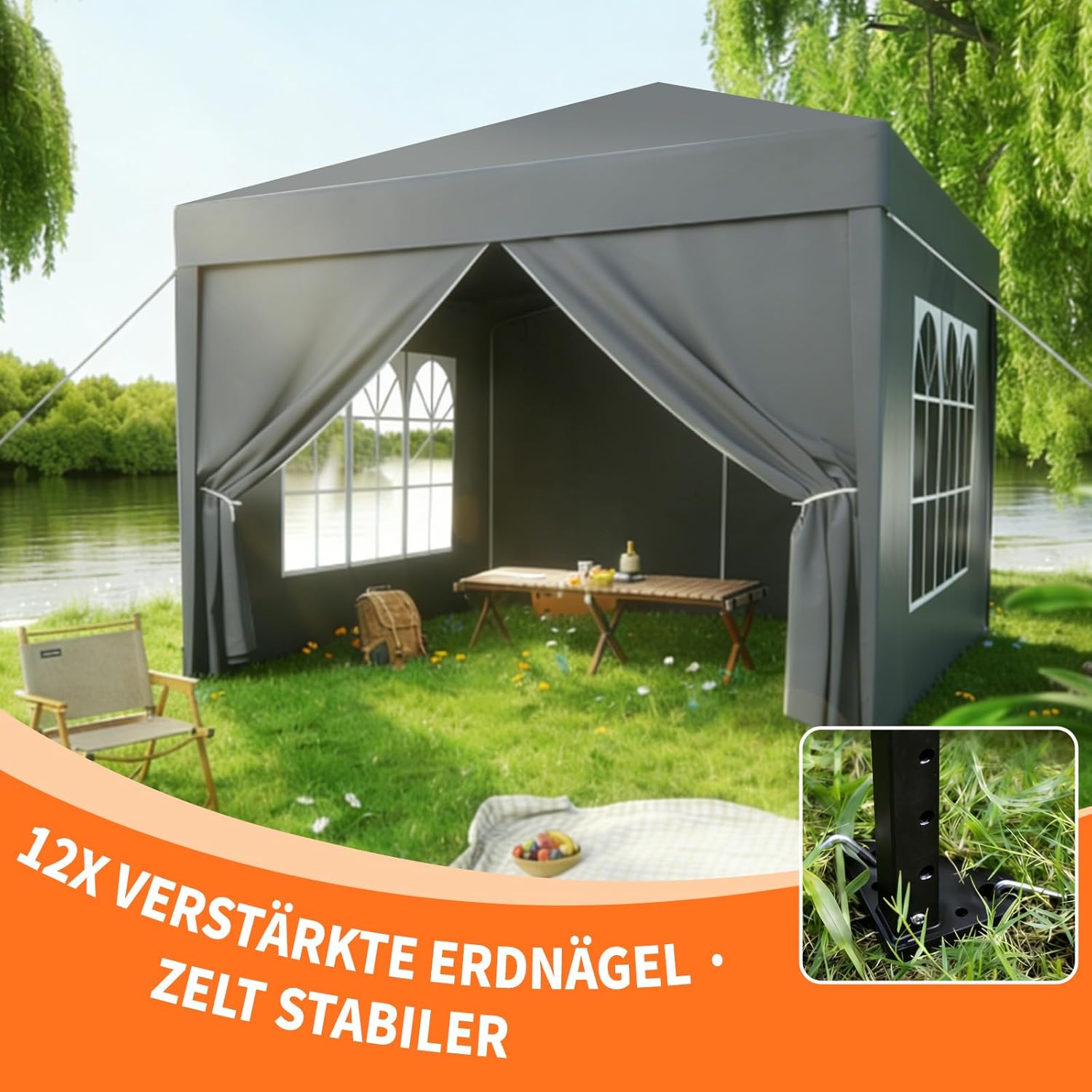 ISE Pavillon 3x3 m Faltpavillon mit Seitenwänden Grau aus Stahl UV50+