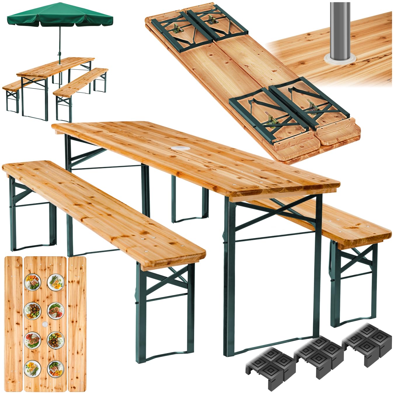 tectake® Bierzeltgarnitur mit Lehne, Biertisch Klapptisch mit 2X Sitzbank mit Lehne, Gartenmöbel Set, Camping Zubehör, Klapptisch Esstisch, Camping Tisch faltbar, Balkontisch, Campingtisch klappbar