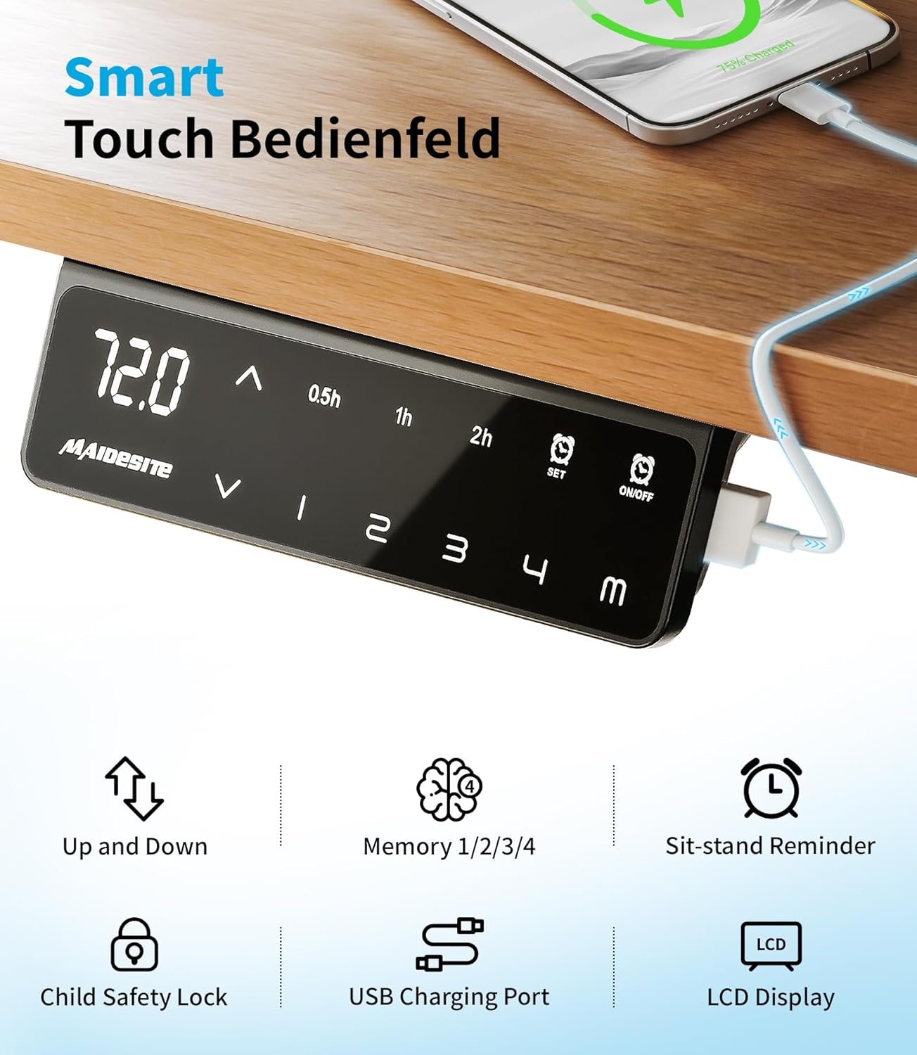 MAIDeSITe T2 Pro Plus Höhenverstellbarer Schreibtisch elektrisch mit Dual-Motor, 4 Memory-Steuerung, Sitz-Steh-Erinnerung, 100–220 cm Tischplatte