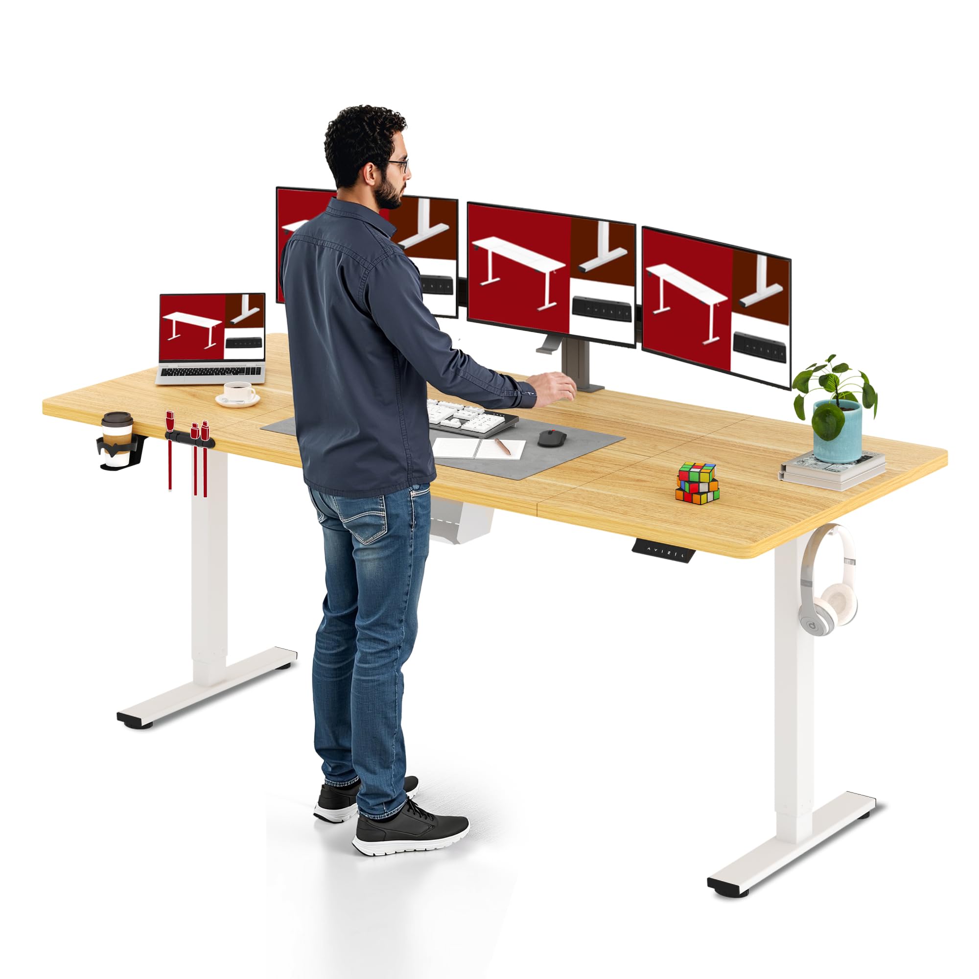 SANODESK Höhenverstellbarer Schreibtisch 200×80 cm – XXL Standing Desk mit 70 kg Tragkraft, Anti-Kollisions-Schutz & vielseitigem Zubehör, ideal für Teamarbeit oder Studio(Weiß)
