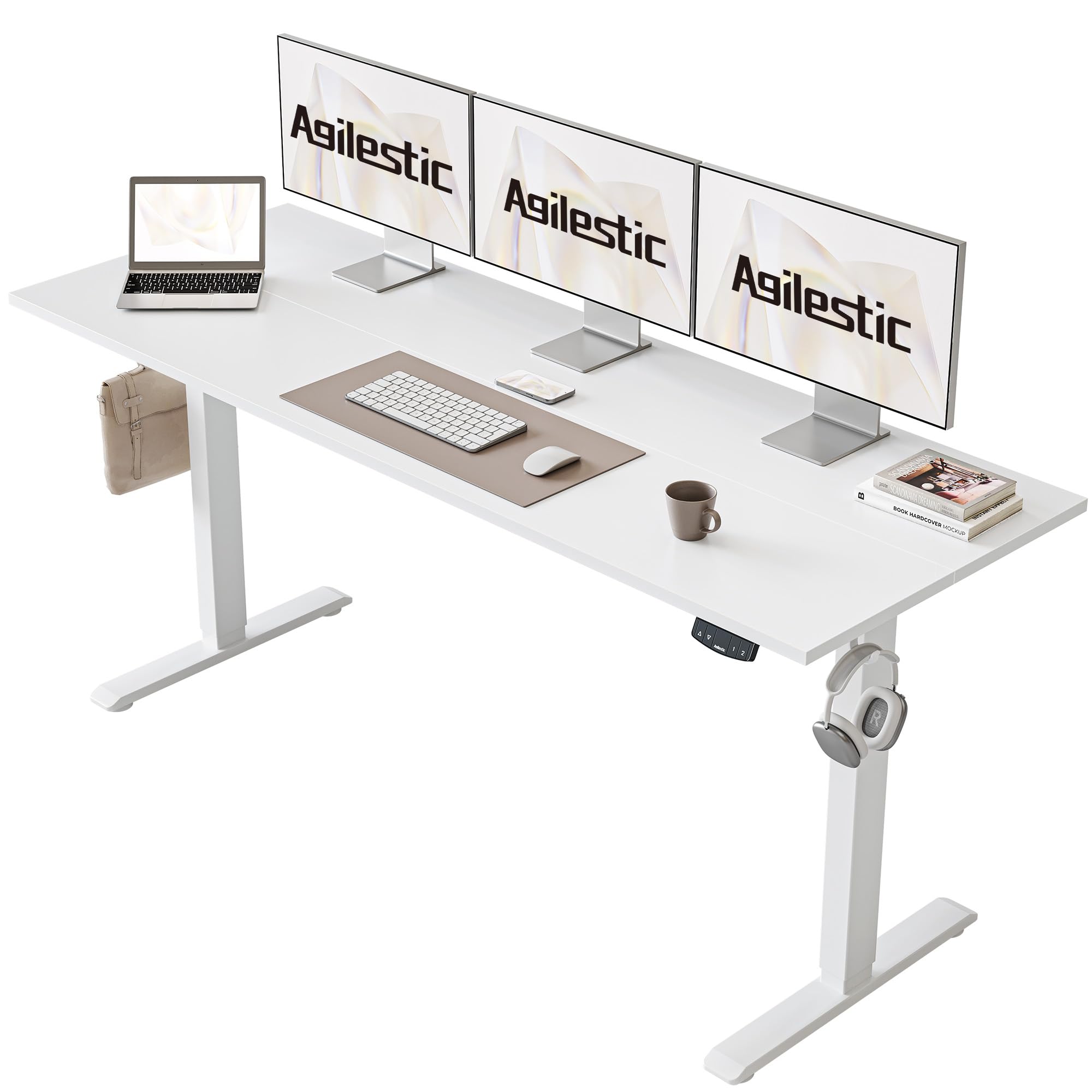 Agilestic Elektrisch Höhenverstellbarer Schreibtisch 120x80 cm, Sitz-Steh Stehpult mit Memory-Funktion, Höhenverstellbarer Computertisch, Gaming-Schreibtisch mit Vierteiliger Tischplatte,Weiß