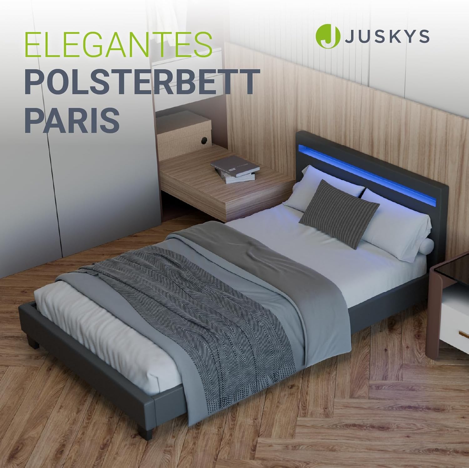 Juskys Polsterbett Paris mit LED-Beleuchtung, Holzgestell & Lattenrost, Modernes Schlafzimmerbett