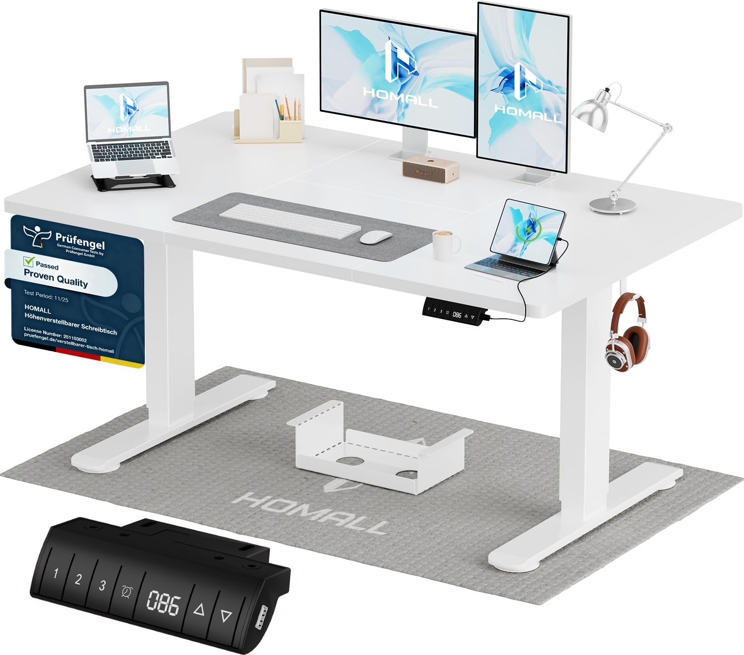 Homall Höhenverstellbarer Schreibtisch 140x70cm mit USB-A Ladeanschluss, Elektrischer Schreibtisch mit Kabel Management Tray, Standing Desk mit 3 Memory Funktion, Computertisch Weiß