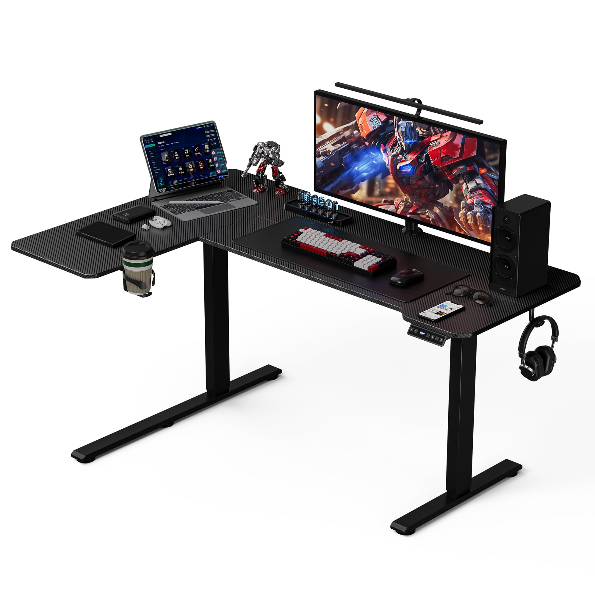 Eckschreibtisch Höhenverstellbarer Schreibtisch L Form,150 X 100 cm Elektrischer Höhenverstellbar Ergonomischer Schreibtisch L mit Getränkehaltern und Haken Stabiles Bürotisch, Braun