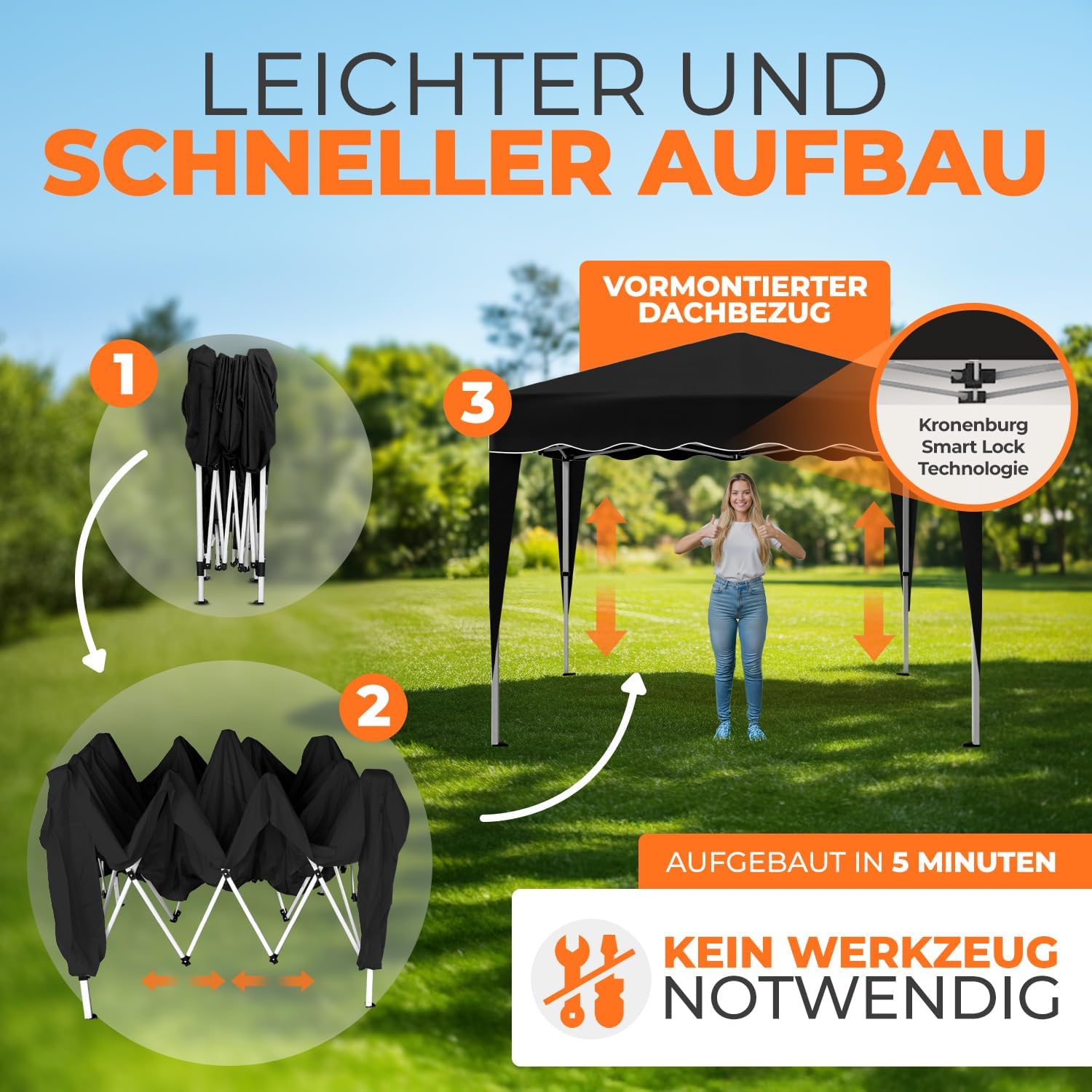 Kronenburg Faltpavillon Pop-Up Pavillon – UV50+, Wasserdicht, Mit Seitenteilen