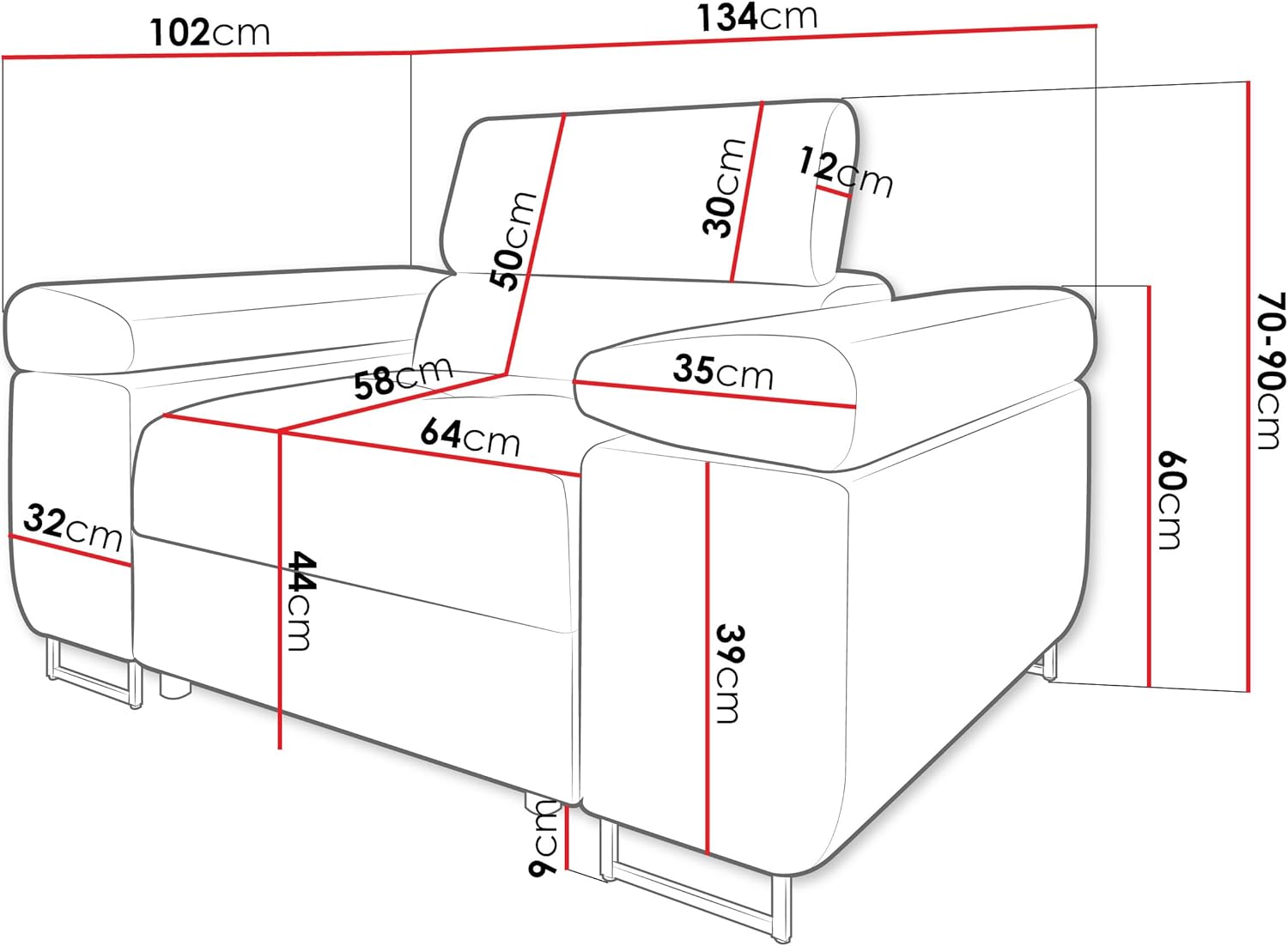 Mirjan24 Sofa Torezio I 1-Sitzer – Polstersofa mit verstellbarer Kopfstütze, Metallfüße, Modern