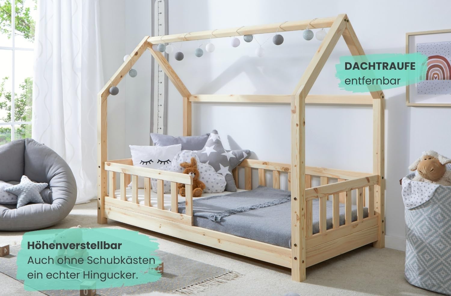 TiCAA Kinderbett Hausbett aus Kiefer Massivholz – mit Schubladen, Rausfallschutz und Rolllattenrost