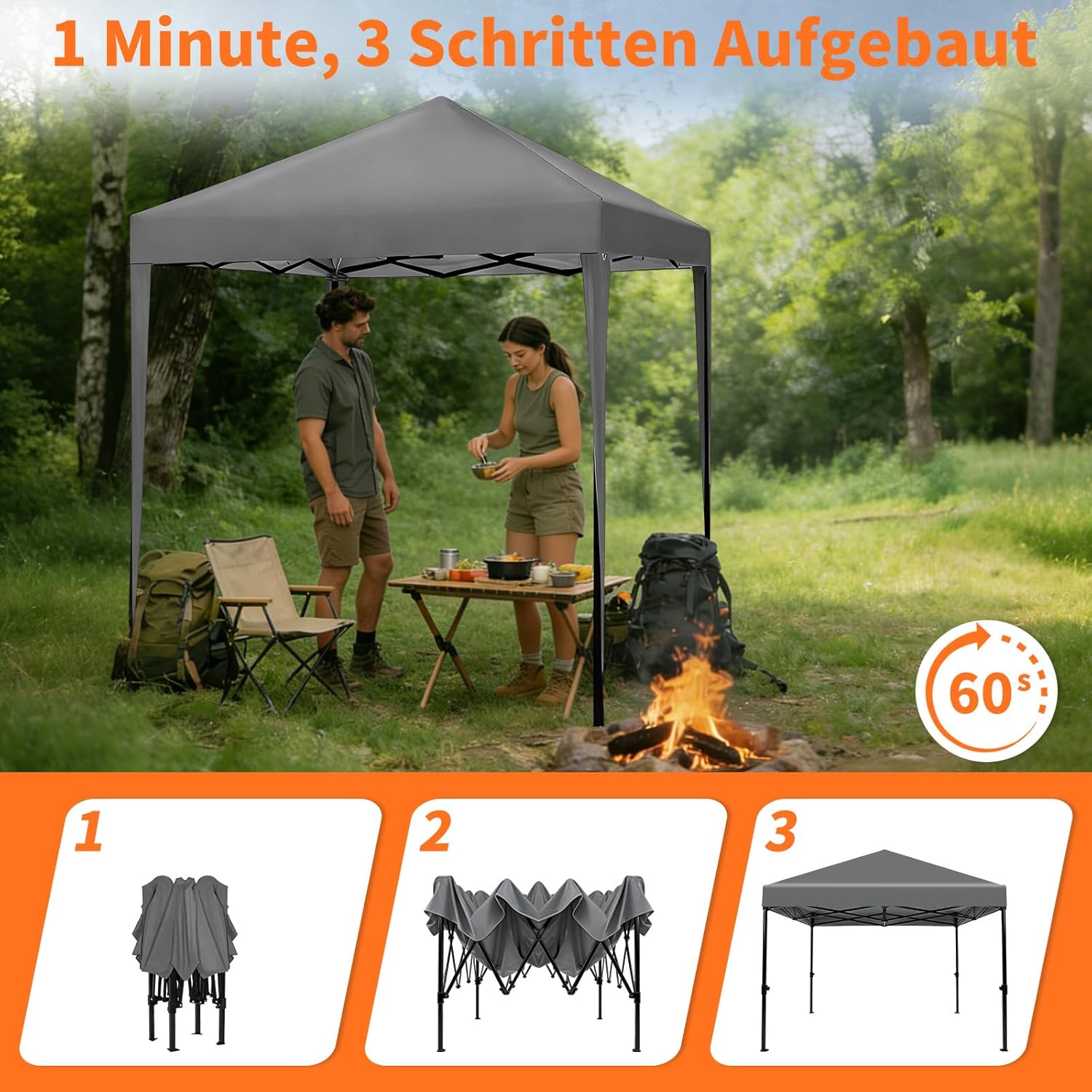 ISE Pavillon 3x3 m Faltpavillon mit Seitenwänden Grau aus Stahl UV50+
