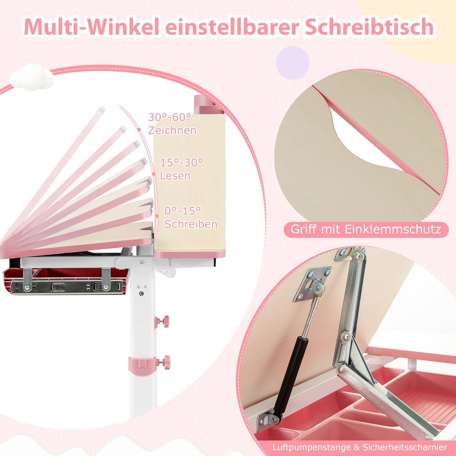 COSTWAY Kinderschreibtisch höhenverstellbar, Schreibtisch Kinder mit neigbarer Tischplatte, Regalen & Schublade, Jugendschreibtisch Schülerschreibtisch für 3-12 Jahre Kinder (Rosa)