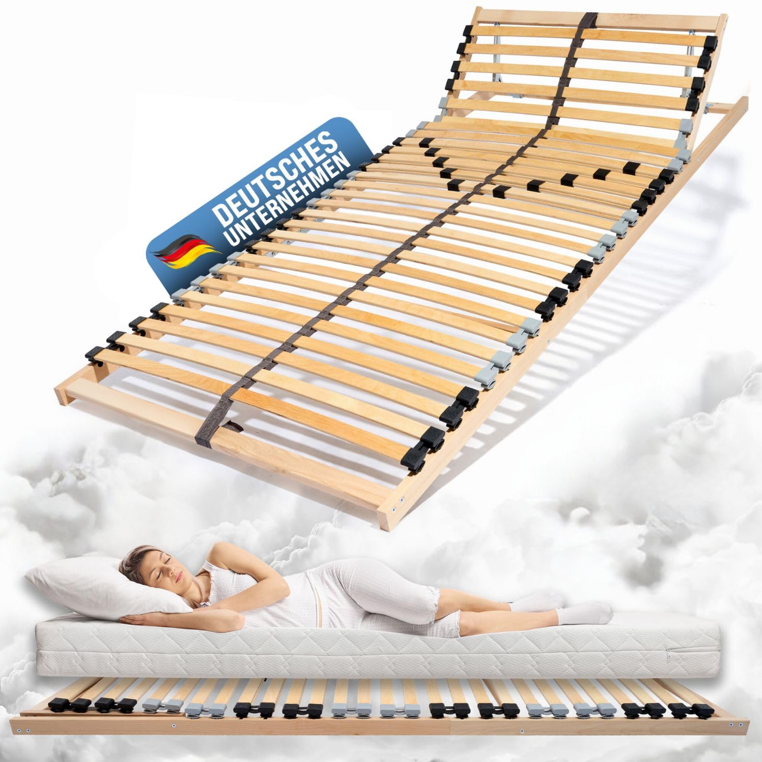 7-Zonen Lattenrost Ergo 140x200 Lattenrahmen - verstellbares Kopfteil - Buche Rahmen- 28 Federleisten- Bettrahmen 140x200cm passend für Queensize Bett- geeignet für alle Matratzen