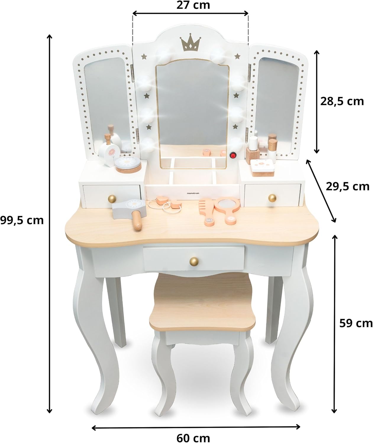 mamabrum XXL Kinder Schminktisch aus Holz mit Hocker & LED-Spiegel – Frisiertisch ab 3 Jahren mit Schublade & Beauty Zubehör – Kreatives Spielset & Schreibtisch für Mädchen