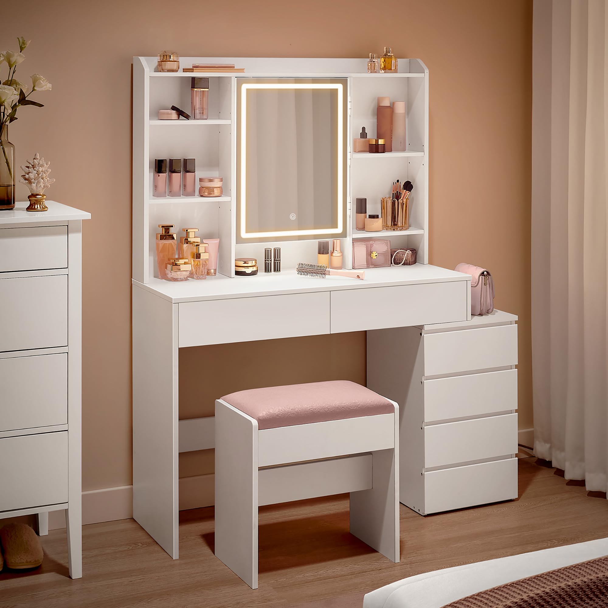 VASAGLE Kailyn Kollektion - Schminktisch mit LED-Beleuchtung, 3 einstellbare Lichtfarben, Frisiertisch mit Spiegel, Schubladen, offene Fächer, mit Hocker, verstellbare Ablagen, wolkenweiß RDT125W01