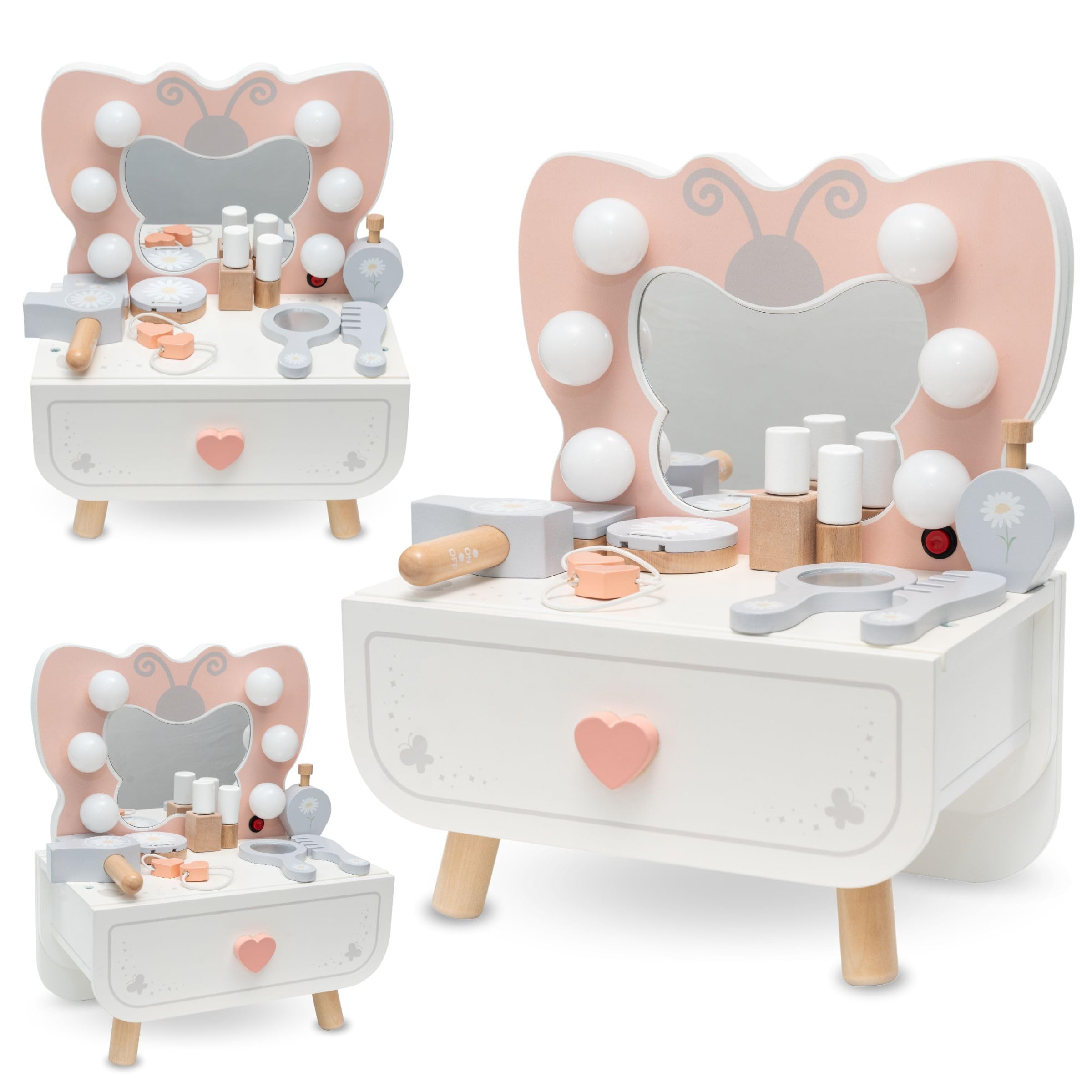 mamabrum XXL Kinder Schminktisch aus Holz mit Hocker & LED-Spiegel – Frisiertisch ab 3 Jahren mit Schublade & Beauty Zubehör – Kreatives Spielset & Schreibtisch für Mädchen