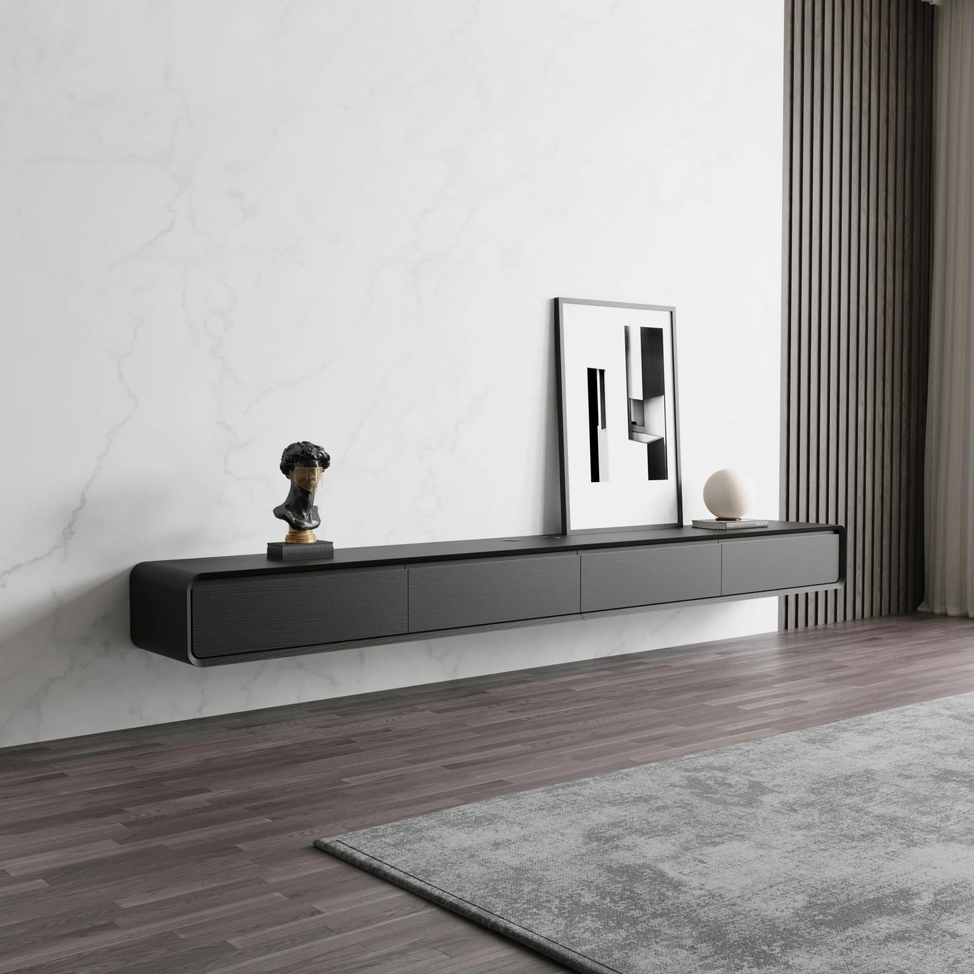 POVISON TV Schrank schwebend 160cm schwarz modern Walnussholz aus Massivholz mit 3 Schubladen, TV Lowboard hängend mit Kabelmanagement hochwertig, Komplettmöbel mit Stauraum für Wohnzimmer