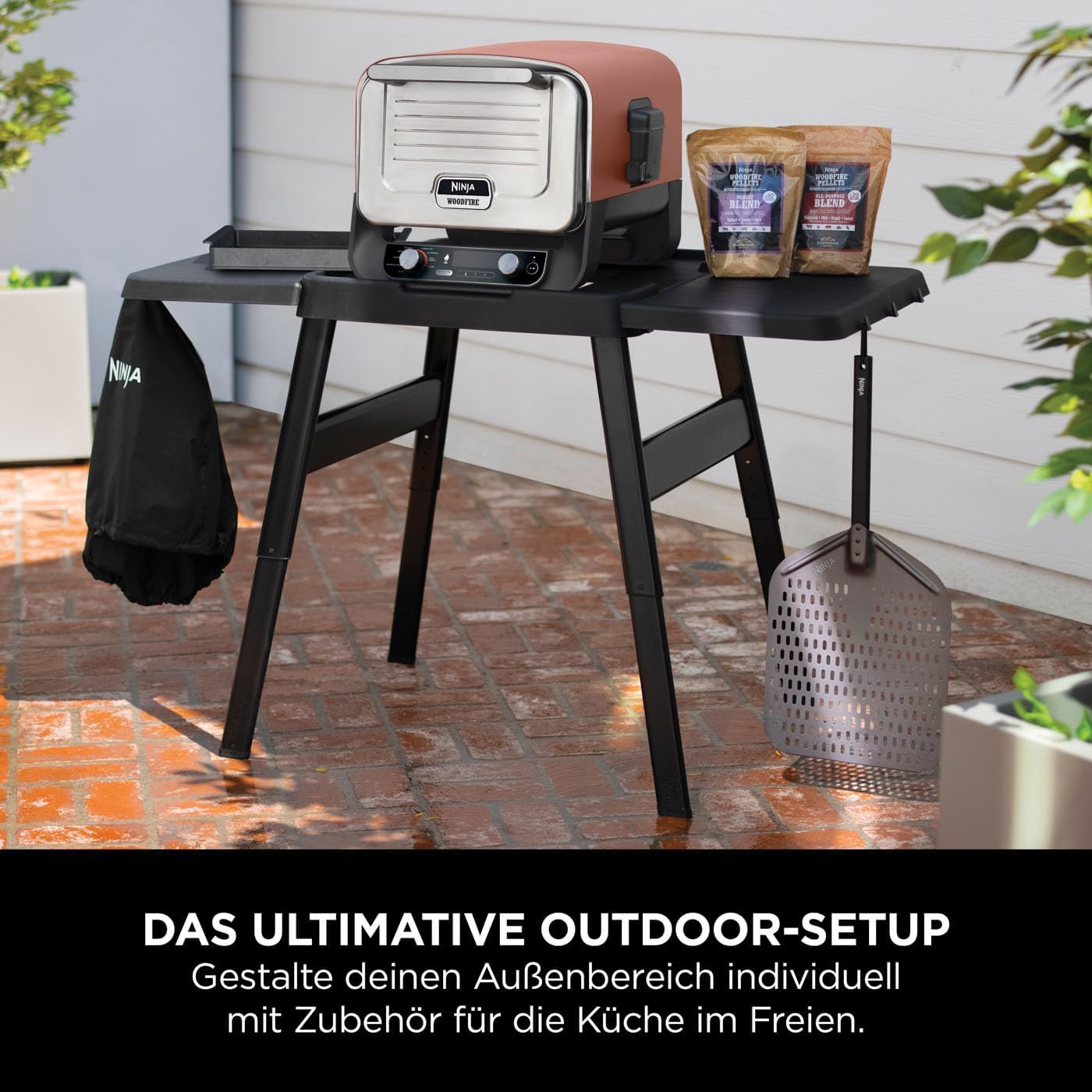 Ninja Woodfire Grillständer mit Beistelltisch – Verstellbarer Outdoor-Tisch für Elektrogrill & Pizzaofen, Schwarz