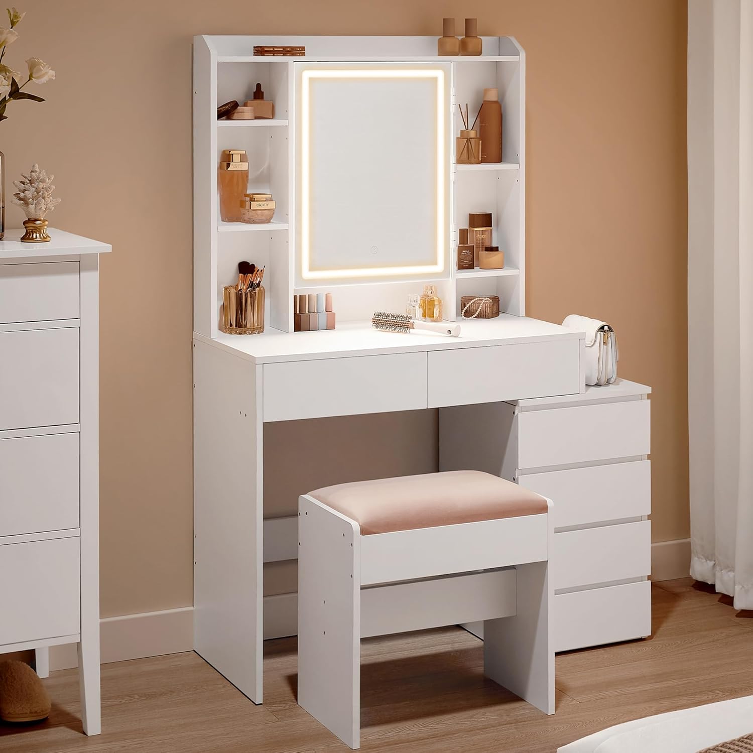 VASAGLE Kailyn Kollektion - Schminktisch mit LED-Beleuchtung, 3 einstellbare Lichtfarben, Frisiertisch mit Spiegel, Schubladen, offene Fächer, mit Hocker, verstellbare Ablagen, wolkenweiß RDT125W01